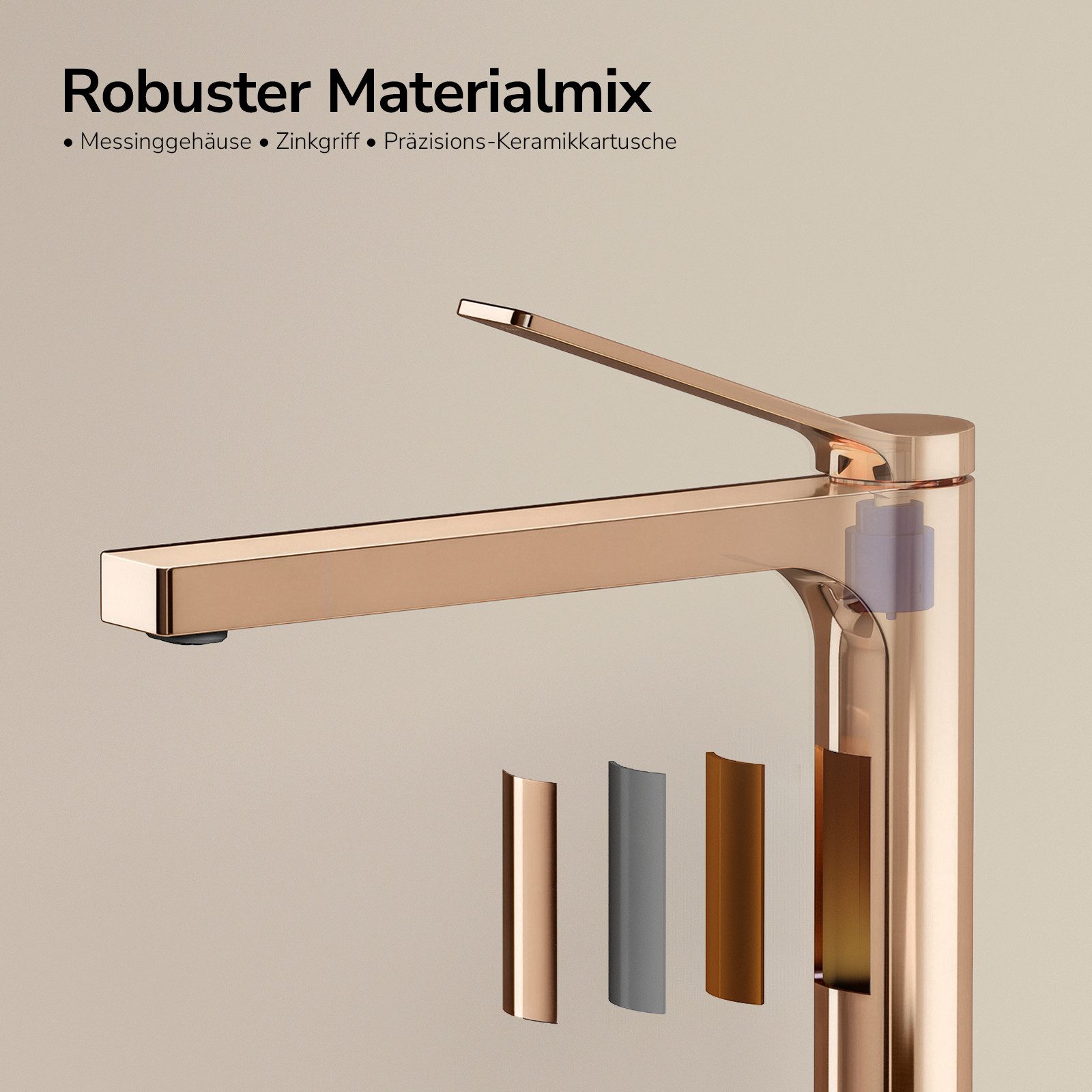 EMKE Waschtischarmatur Badezimmer Mischbatterie Einhebel Wasserhahn für Aufsatzbecken (Mischbatterie) Hoch 26,5 cm chrom/Schwarz/Champagne Gold/Rose Gold/Weiß – Bild 4 von 5
