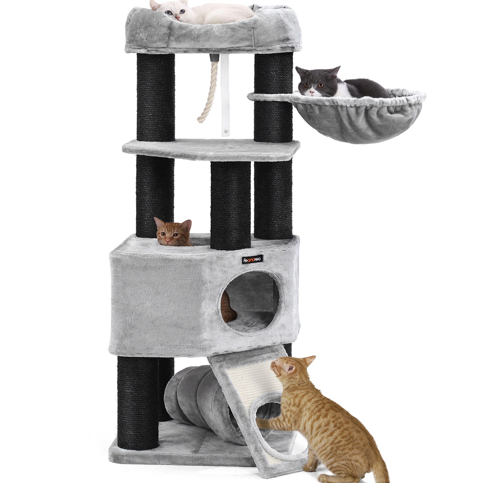 FEANDREA Kratzbaum mehrstöckiger Katzenbaum, 50 x 50 x 141 cm, mit Höhle, Hängematte, Plüschplattform, Tunnel von FEANDREA