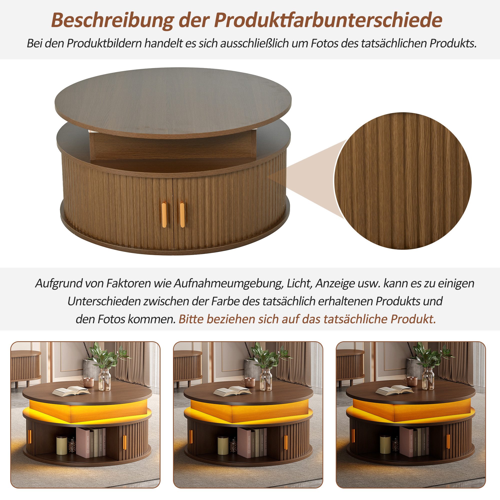 Merax Couchtisch hochglanz Sofatisch höhenverstellbar Beistelltisch mit LED-Beleuchtung (Versteckter Stauraum & Höhenverstellbare Tischplatte, 1-St), Runder Wohnzimmertisch mit 2 Rollladentüren & Stauraum, 75x75x52cm