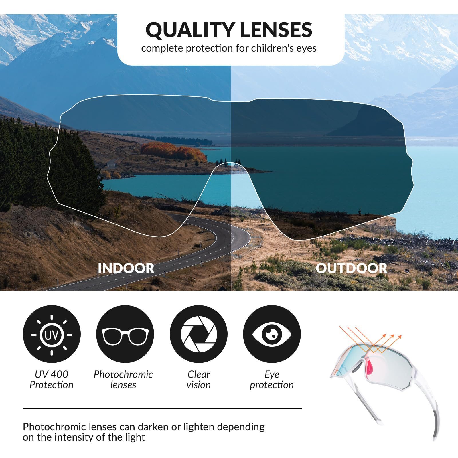 ROCKBROS Fahrradbrille Sportbrille Kinder Jugendliche Outdoor Radfahren TR90 Rahmen, selbsttönend, UV400 Schutz, photochrome Gläser, leicht, rutschfest
