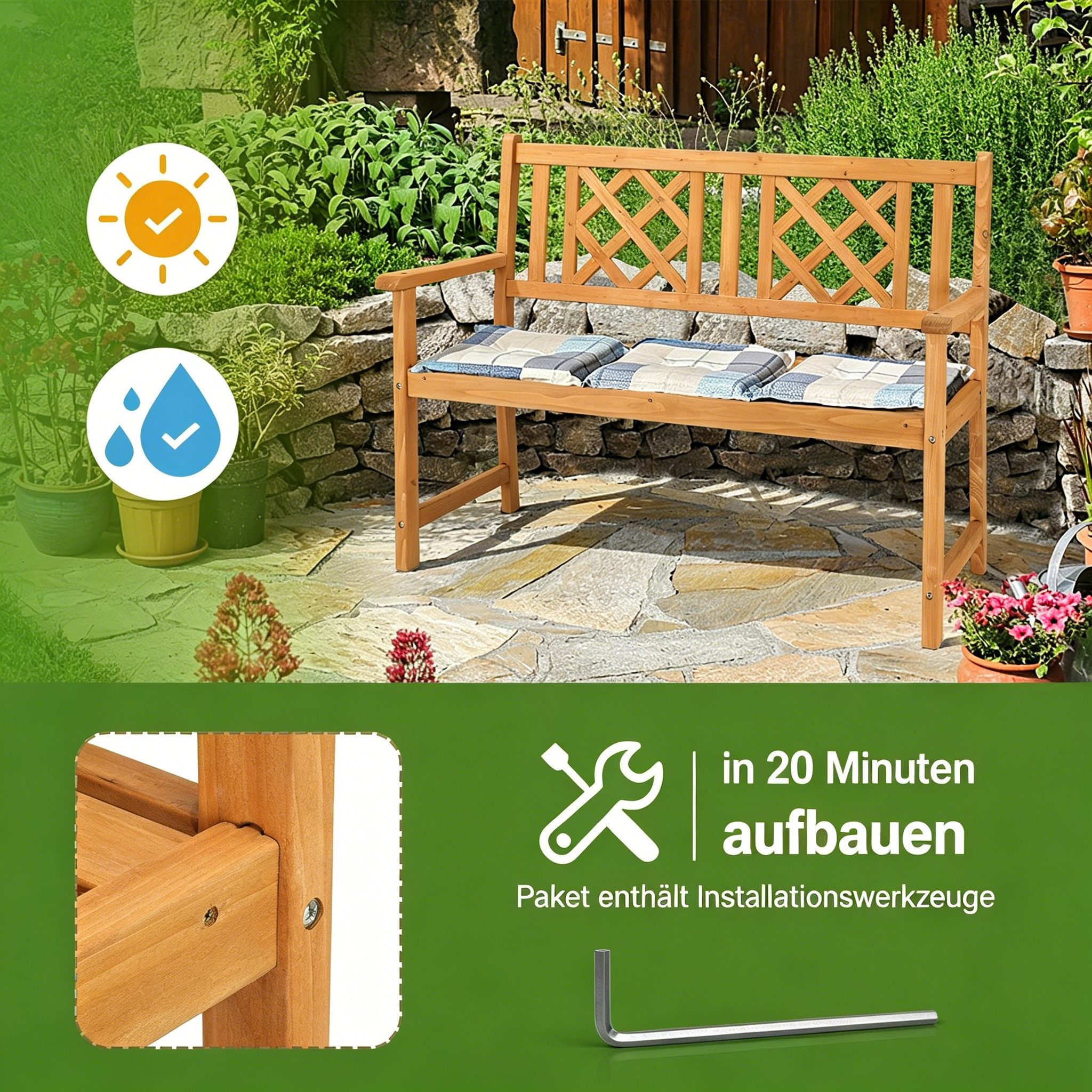 LEADZM Gartenlounge-Bank Gartenbank, Holzbank, Bank mit Rücken- & Armlehnen, Gartenbank