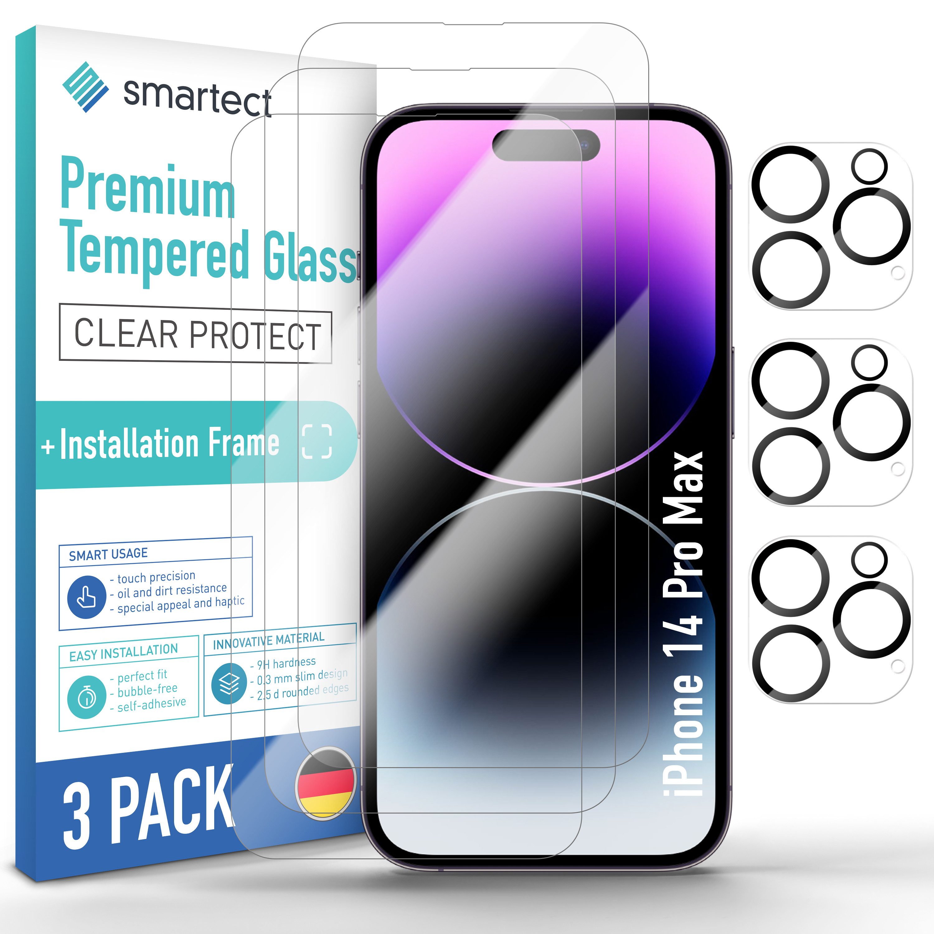smartect Displayschutzglas Schutzglas Klar für iPhone 14 Pro Max, 3x Front + 3x Cam + PH für Apple iPhone 14 Pro Max, 3 Stück, Anti-Fingerabdruck, 9H Härte, Blasenfreie Installation