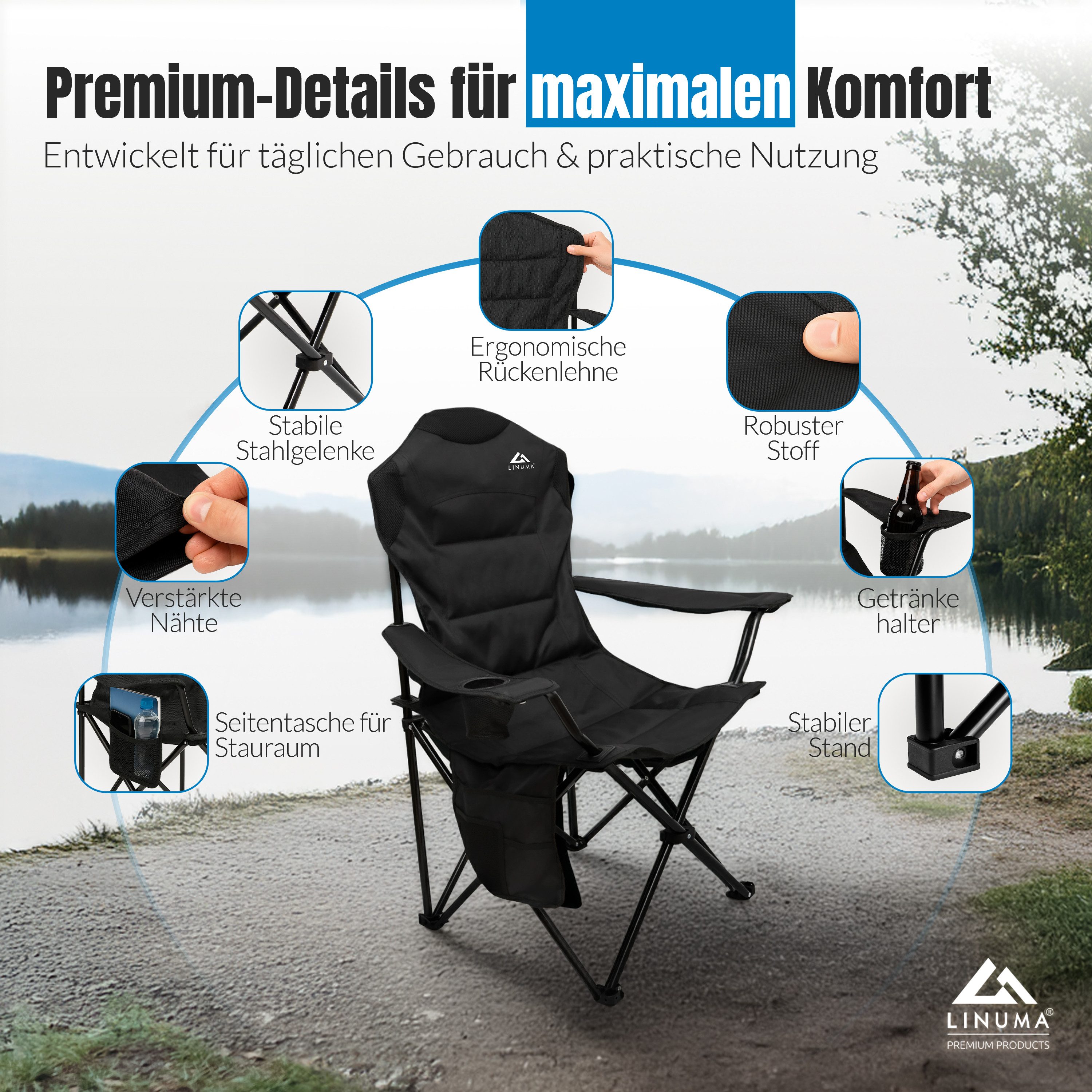 LINUMA Campingstuhl faltbar mit extra großem Getränkehalter, stabiler Klappstuhl schwarz (1 St), Faltbarer Campingstuhl mit XL-Getränkehalter für Festival & Outdoor