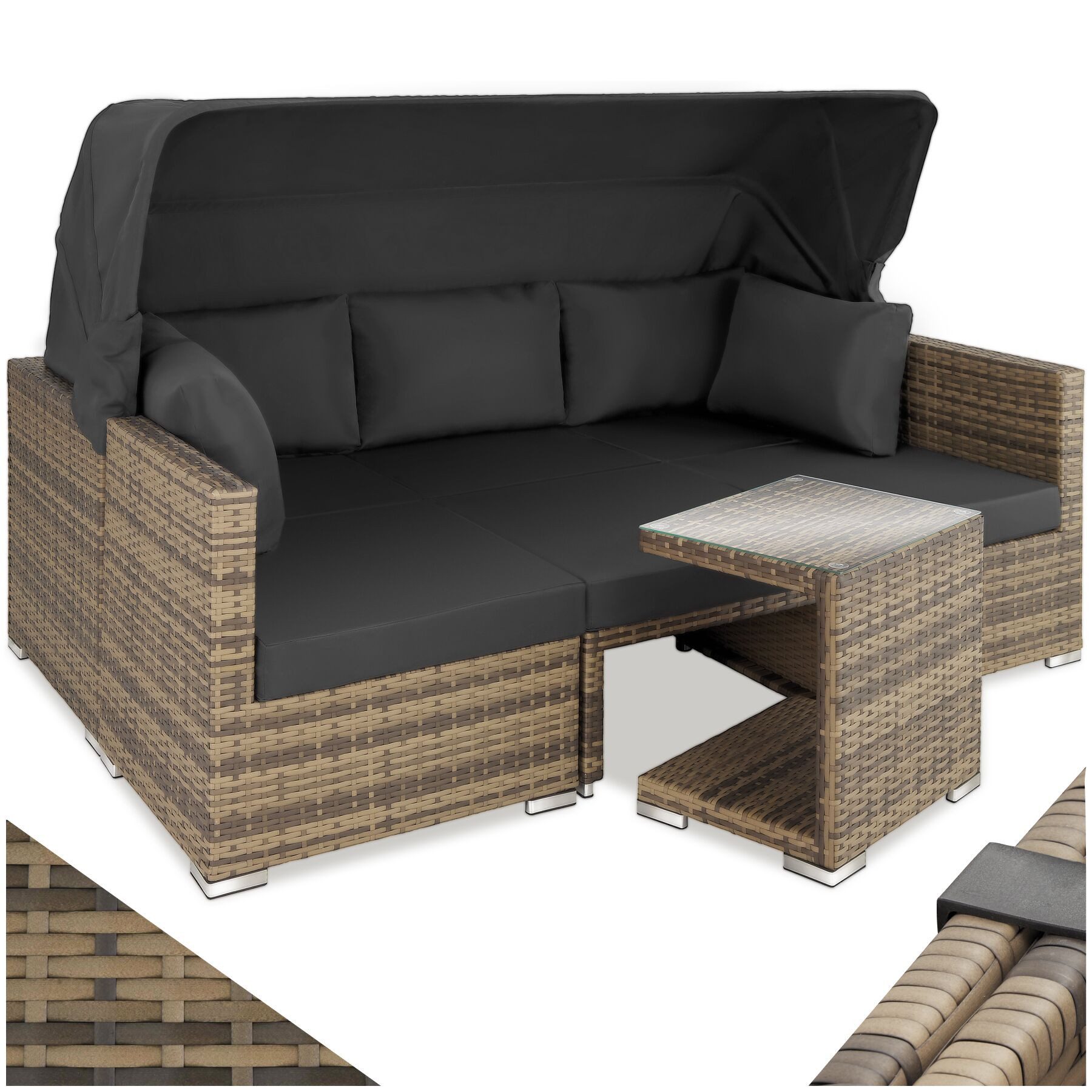 tectake Loungeset Rattan Sitzgruppe, Sicherheitsglasplatte, für 5 bis 6 Personen, (Gartenlounge-set San Marino, 7-tlg., geeignet für Outdoor in Natur), wetterfest und UV-beständig, Dicke der Polster 10 cm
