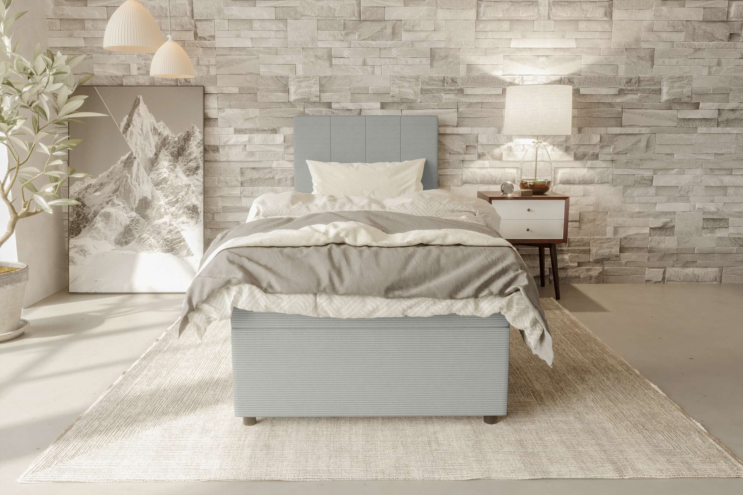 99rooms Boxspringbett Kira Mini (Schlafzimmerbett, Bett), 90/120x200 cm, in Cordstoff POSO, mit Topper, Stauraum als Frontauszug