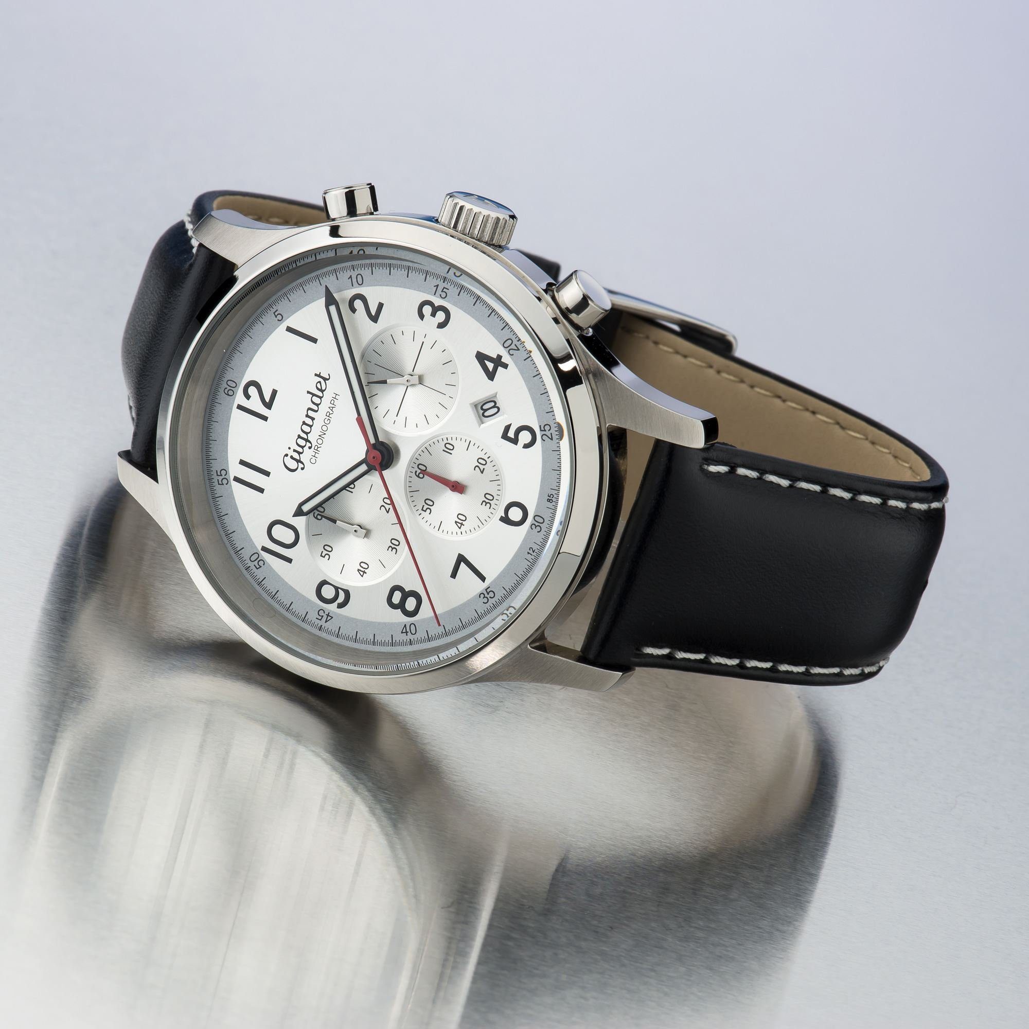 Gigandet Chronograph Armbanduhr, Herrenuhr, Sportuhr, 44mm, EFFICIENCY G50-002, Mineralglas, Datumsanzeige, Lederband, 5bar/50m wasserdicht
