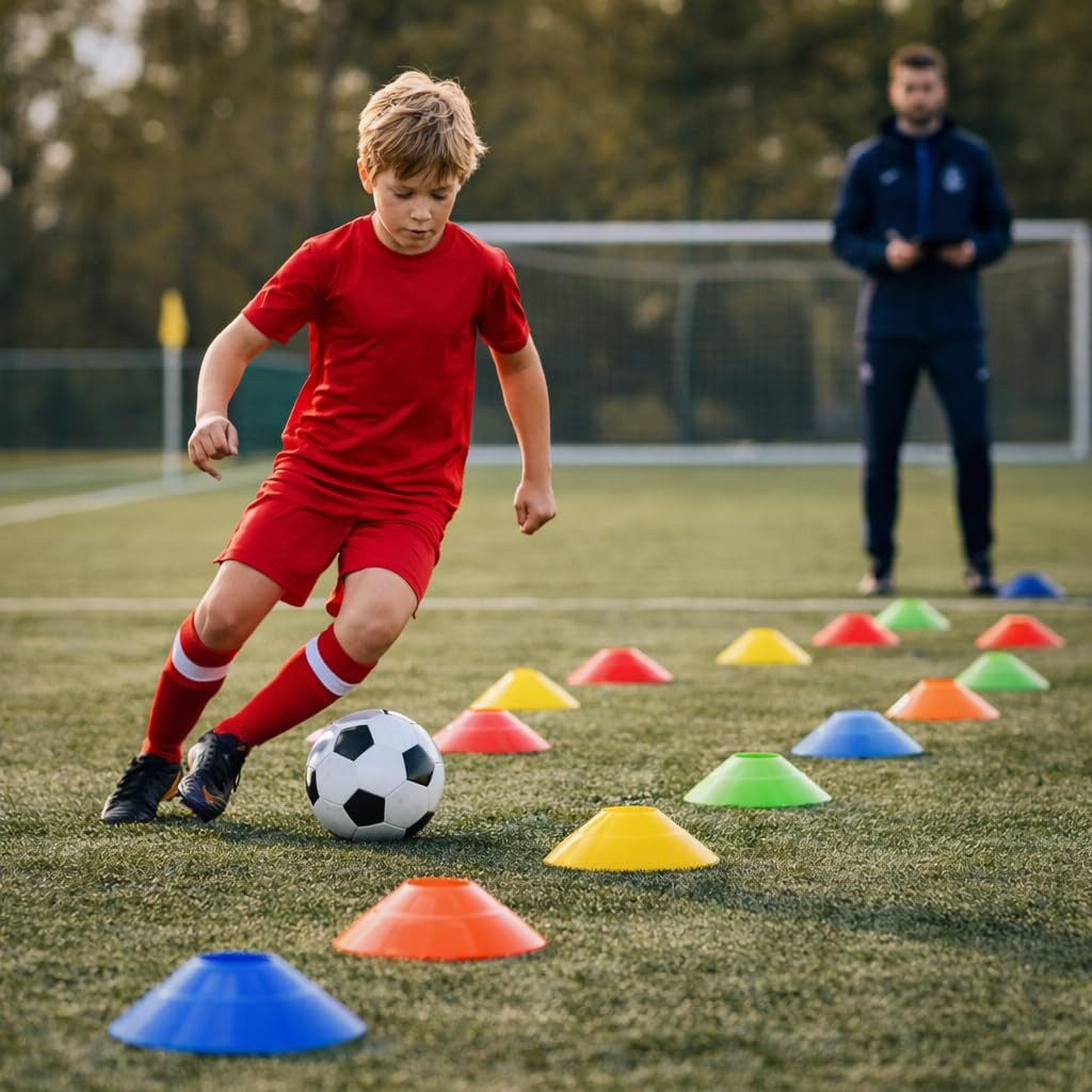 Sportyfits® Markierungshütchen 20x Markierungshütchen Hütchen für Slalom Trainingszubehör Sport (20er Set, 20 St., 20 Hütchen in 5 verschiedenen Farben), Flexibles Material / inkl. Halterung
