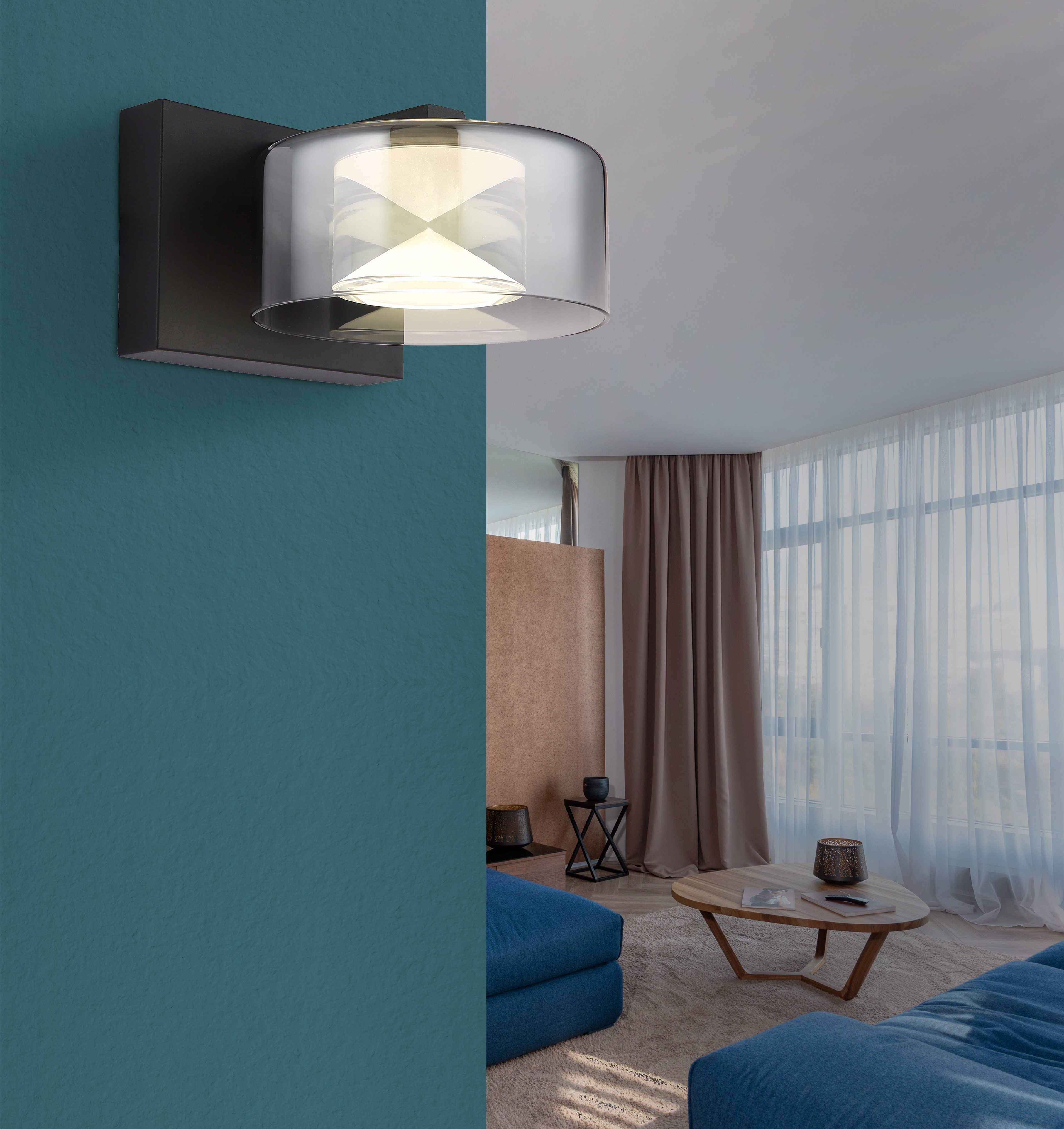 GLOBO LIGHTING LED Wandleuchte BELINDA, LED fest integriert, Tageslichtweiß, Wandlampe/Glas rauchfarben/4000K/Flur/schwarz
