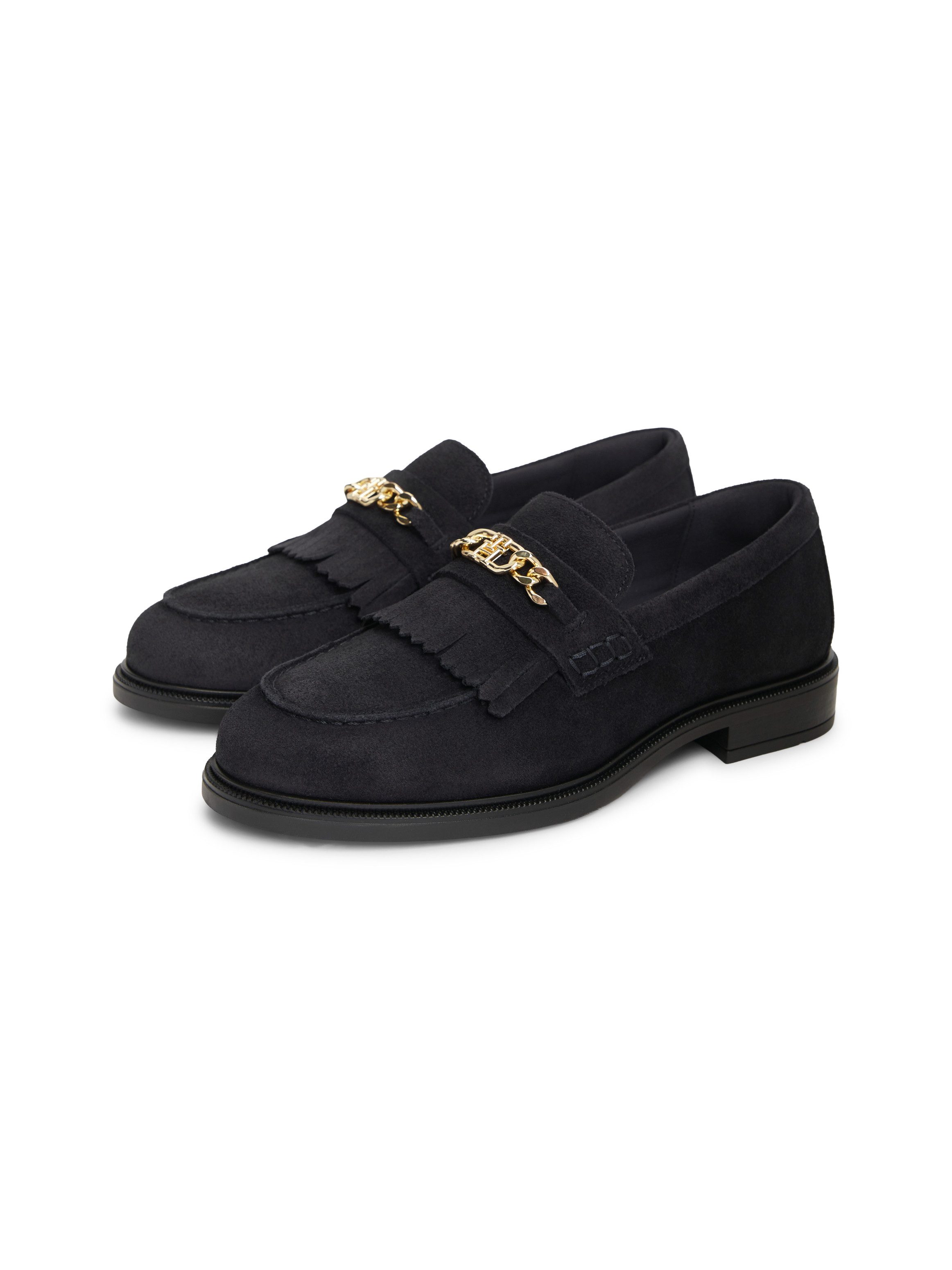 Tommy Hilfiger TH CHAIN FRINGE SUEDE LOAFER Loafer Blockabsatz, Slipper mit modischen Fransen