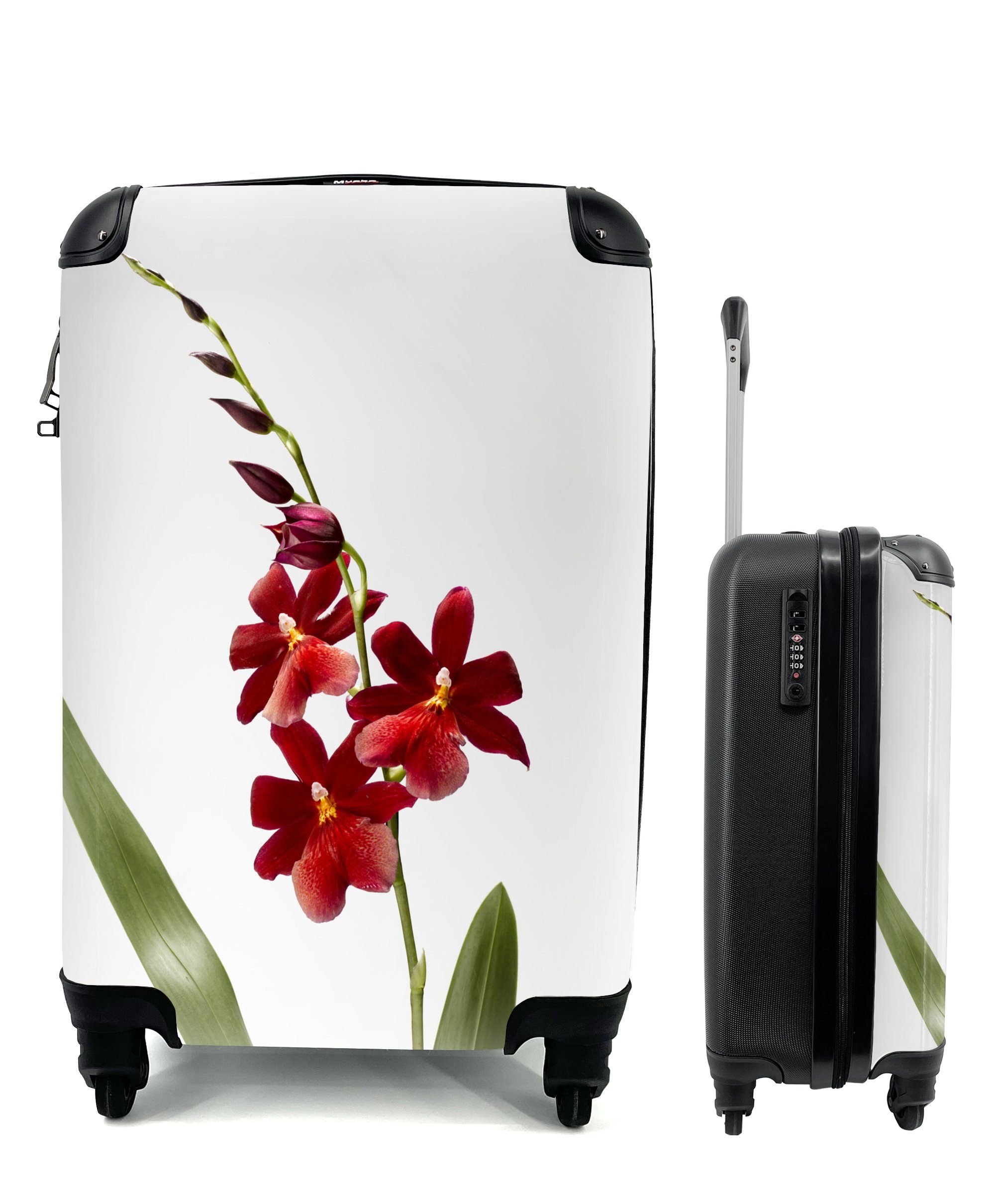 MuchoWow Handgepäckkoffer Rote Orchidee mit Blättern mit Hintergrund, für rollen, weißem Trolley, Ferien, Reisekoffer auf 4 Handgepäck Reisetasche Rollen