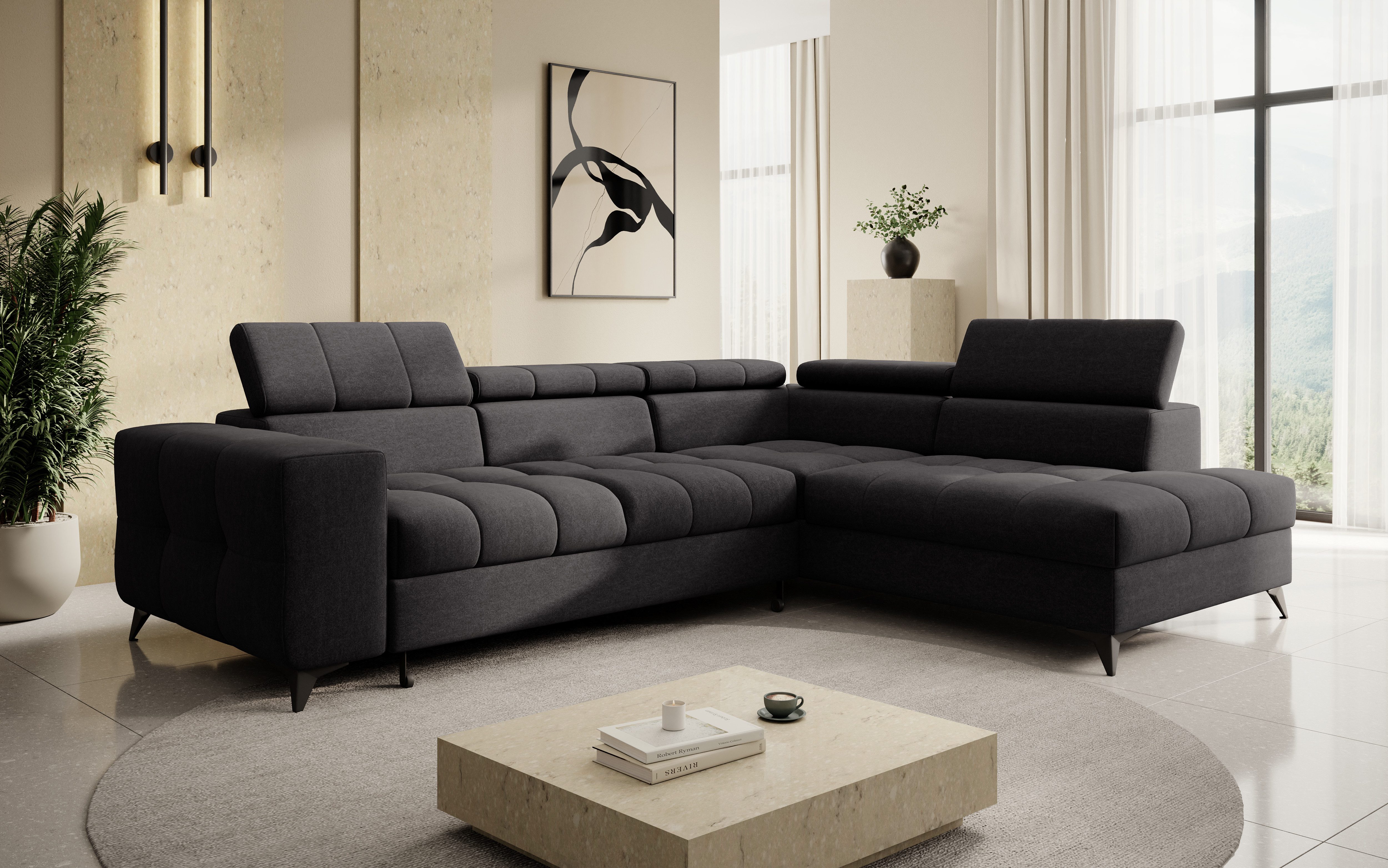 thematys Ecksofa SORANO mit Schlaffunktion & Bettkasten – L-Form, Bouclé und Velours, - mit verstellbaren Kopfstützen, – L-Form 270×203 cm – Schlafsofa mit Auszug, – L-Form 270×203 cm – Schlafsofa mit Auszug