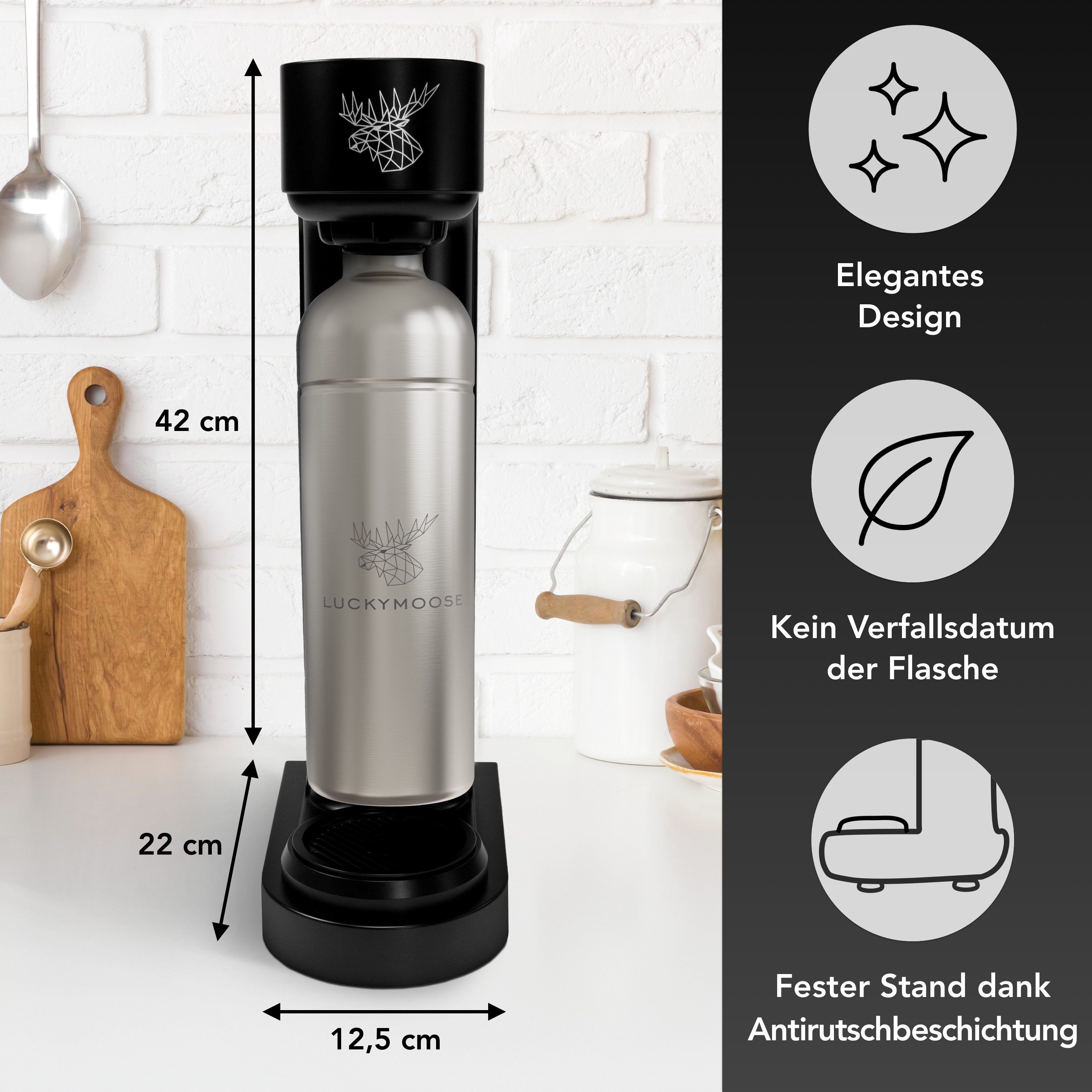 Luckymoose Wassersprudler Infinity mit 2x 1,25L spülmaschinenfesten Edelstahlflaschen, (2x Silber-tlg), Spart bis zu 25% CO2, Flaschen spülmaschinenfest & ohne Ablaufdatum