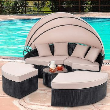 Melko Gartenlounge-Set Polyrattan Sonneninsel Tisch & Kissen 180CM Strandkorb Set, (Stück), Wasserabweisend