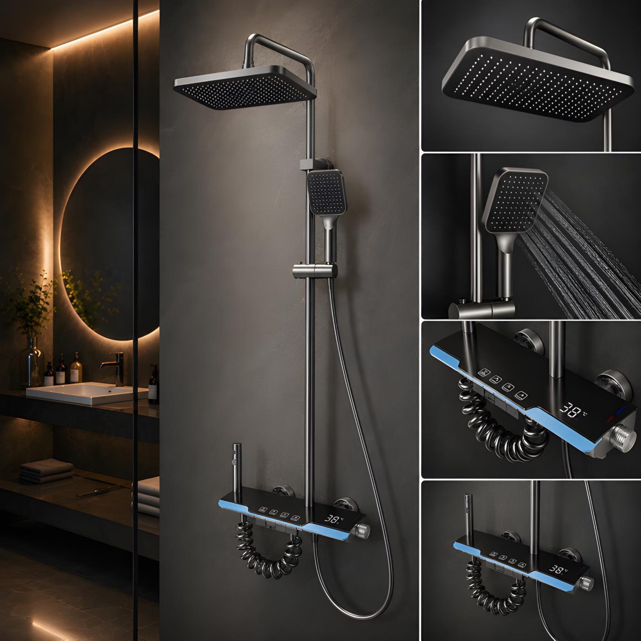 LuxaSteel Duscharmatur Duschsystem Duscharmatur mit LED Display & Regendusche (Duschsystem Komplettset, Komplettset inklusive Regendusche, Handbrause und Montagematerial) LED Display, Temperaturanzeige, Air-Injection-System
