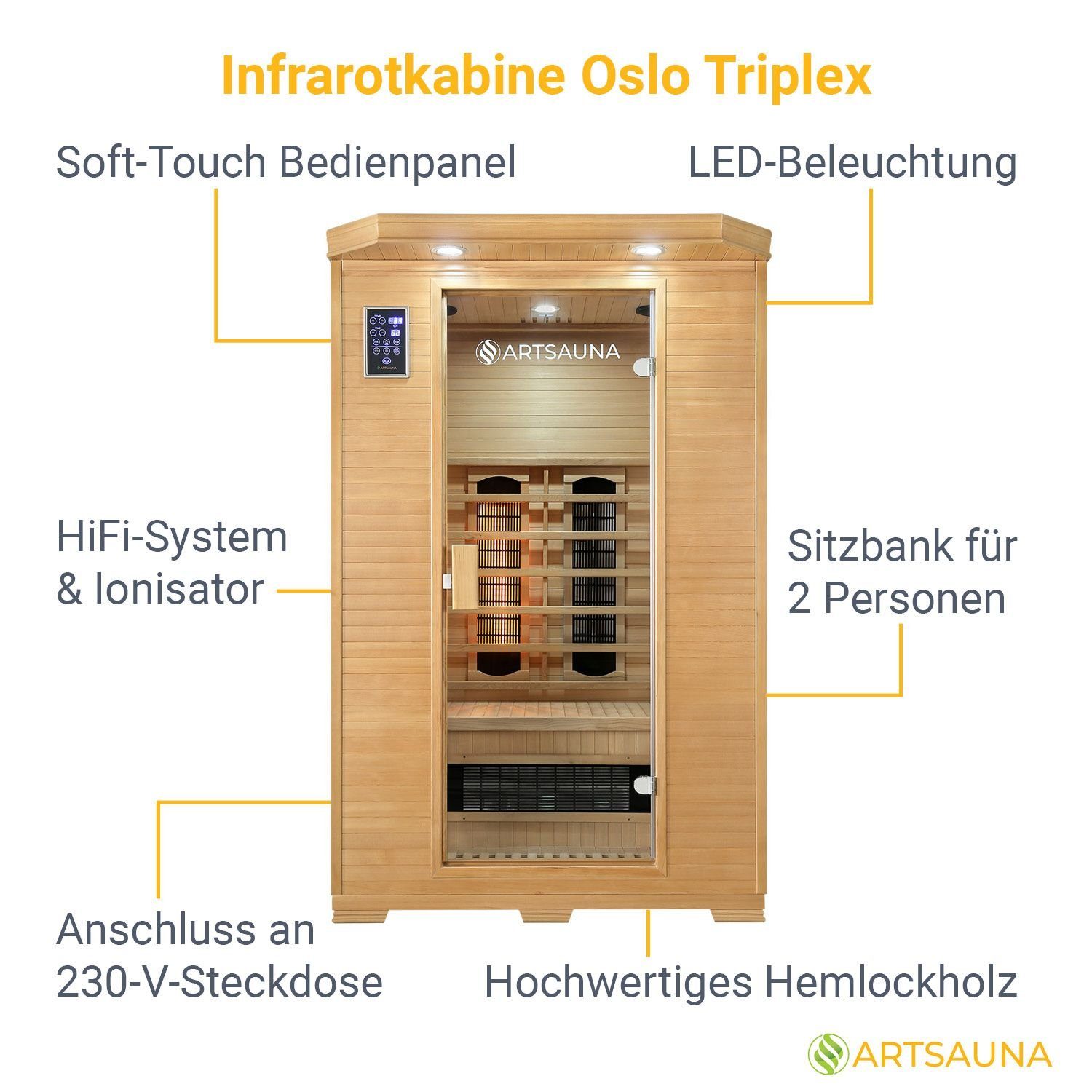 Artsauna Infrarotkabine Oslo Triplex-Heizsystem, für 2 Personen, Hemlockholz, HiFi-System, Ionisator, LED-Farblicht