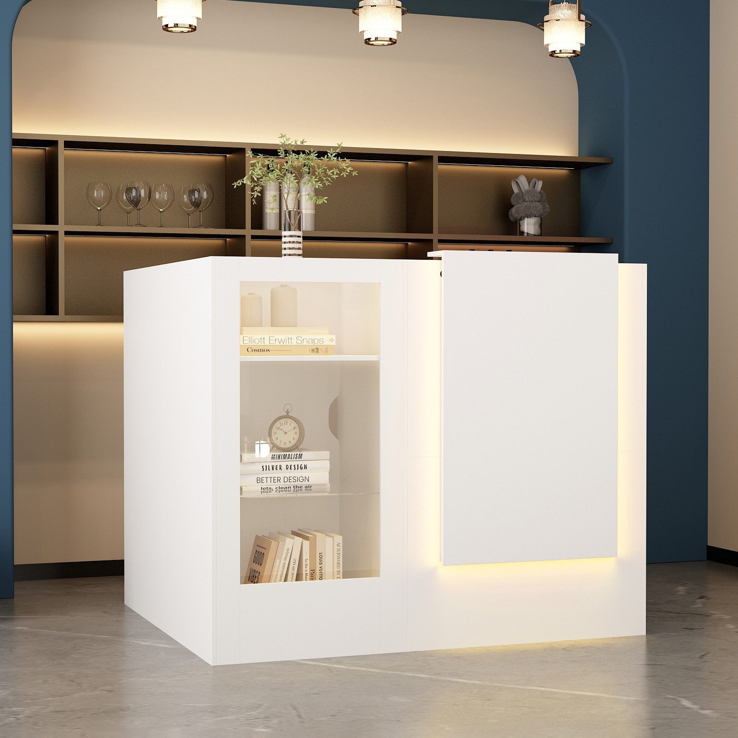 FUFU&GAGA Empfangstheke mit Tastaturschublade und 2 Schränken, Lichtleisten, 120 x 122 x102 cm