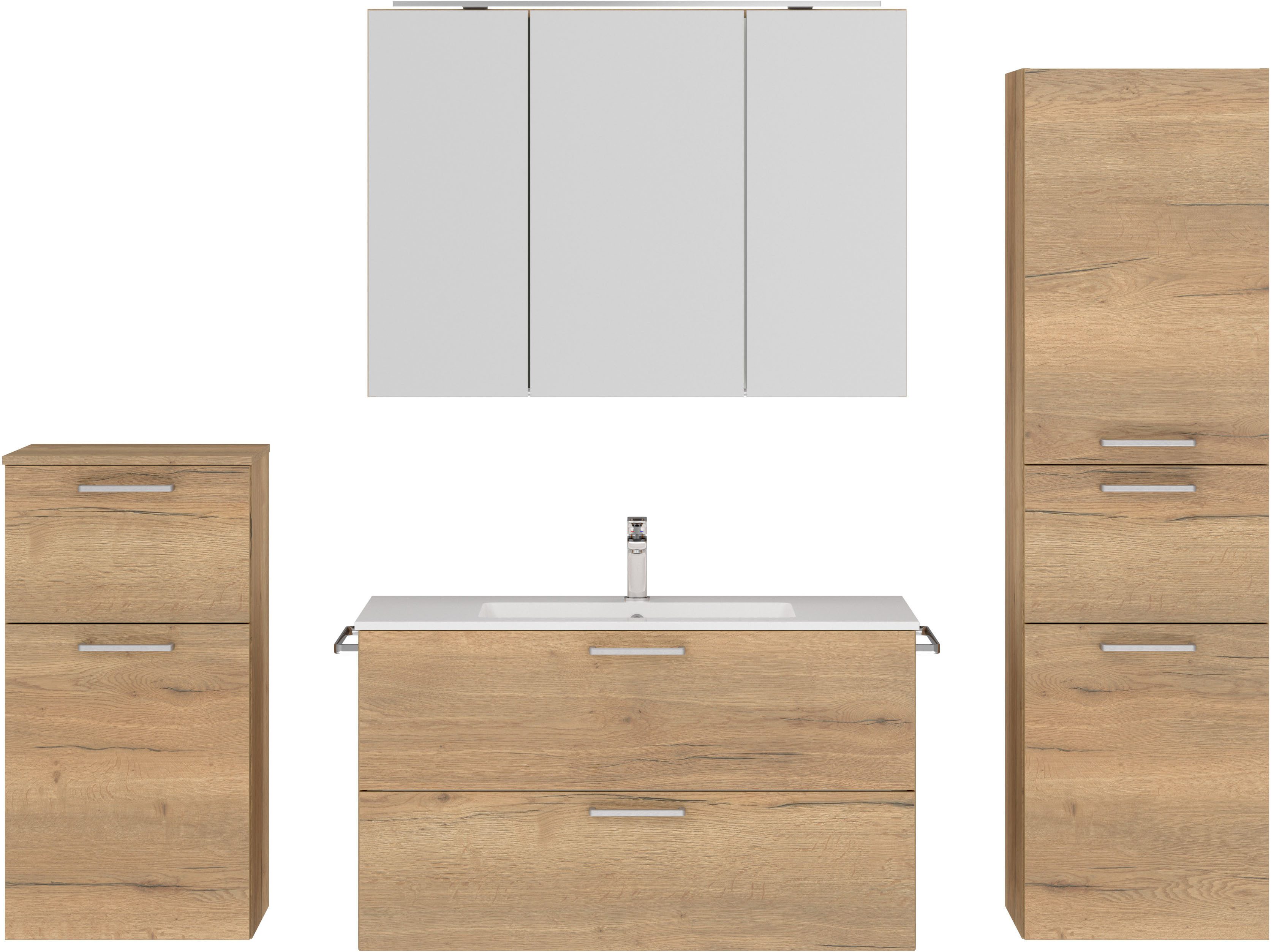 nobilia® Badmöbel-Set Tolvina, (4-St., vormontiert, mit Soft-Close), inkl. Spiegelschrank mit Beleuchtung und Dimmerfunktion, in 4 Breiten