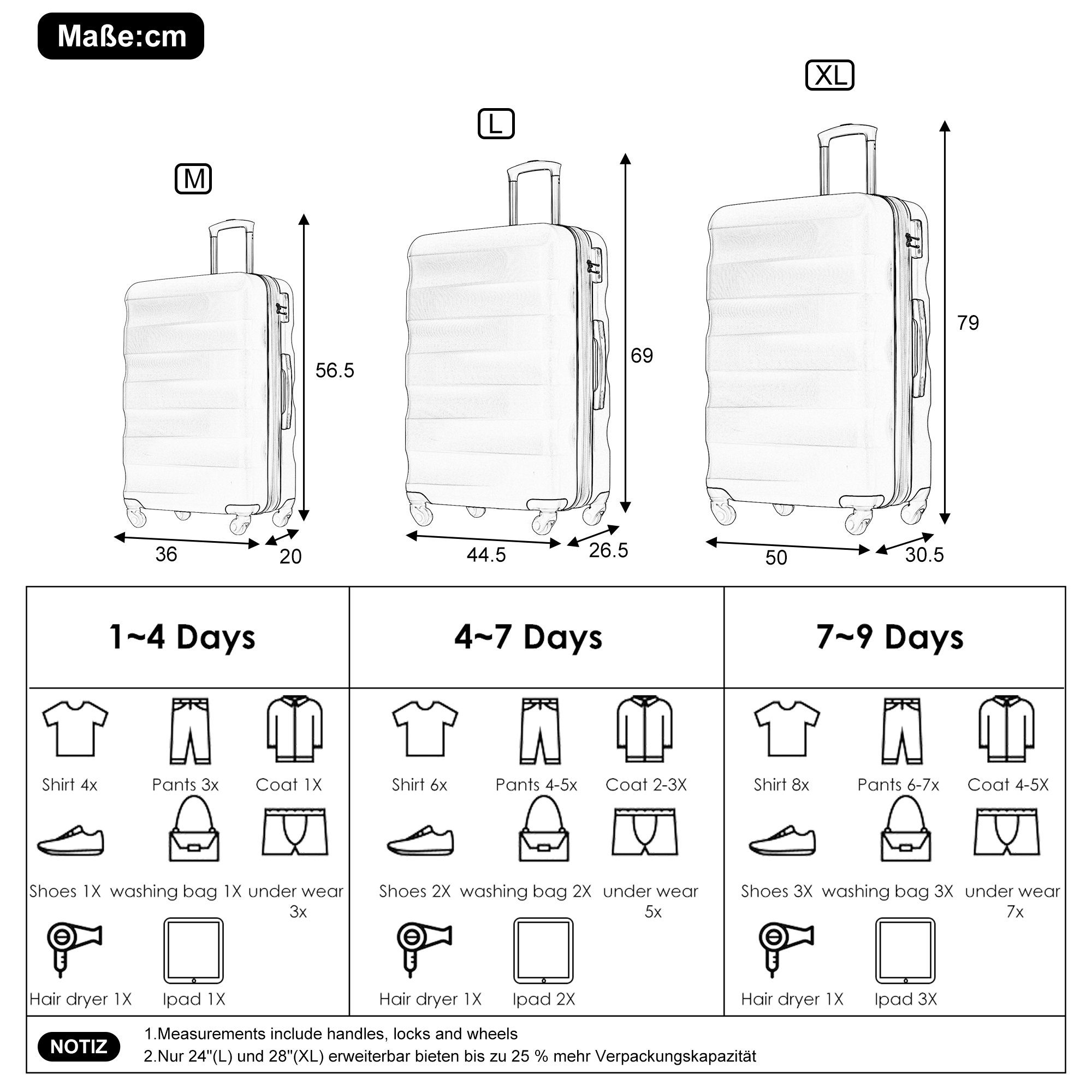 Kofferset Trolleyset TSA Blau tlg) 360° Zollschloss, 4 Ulife ABS-Material, (3 Rollen, -Räder, Reisekoffer