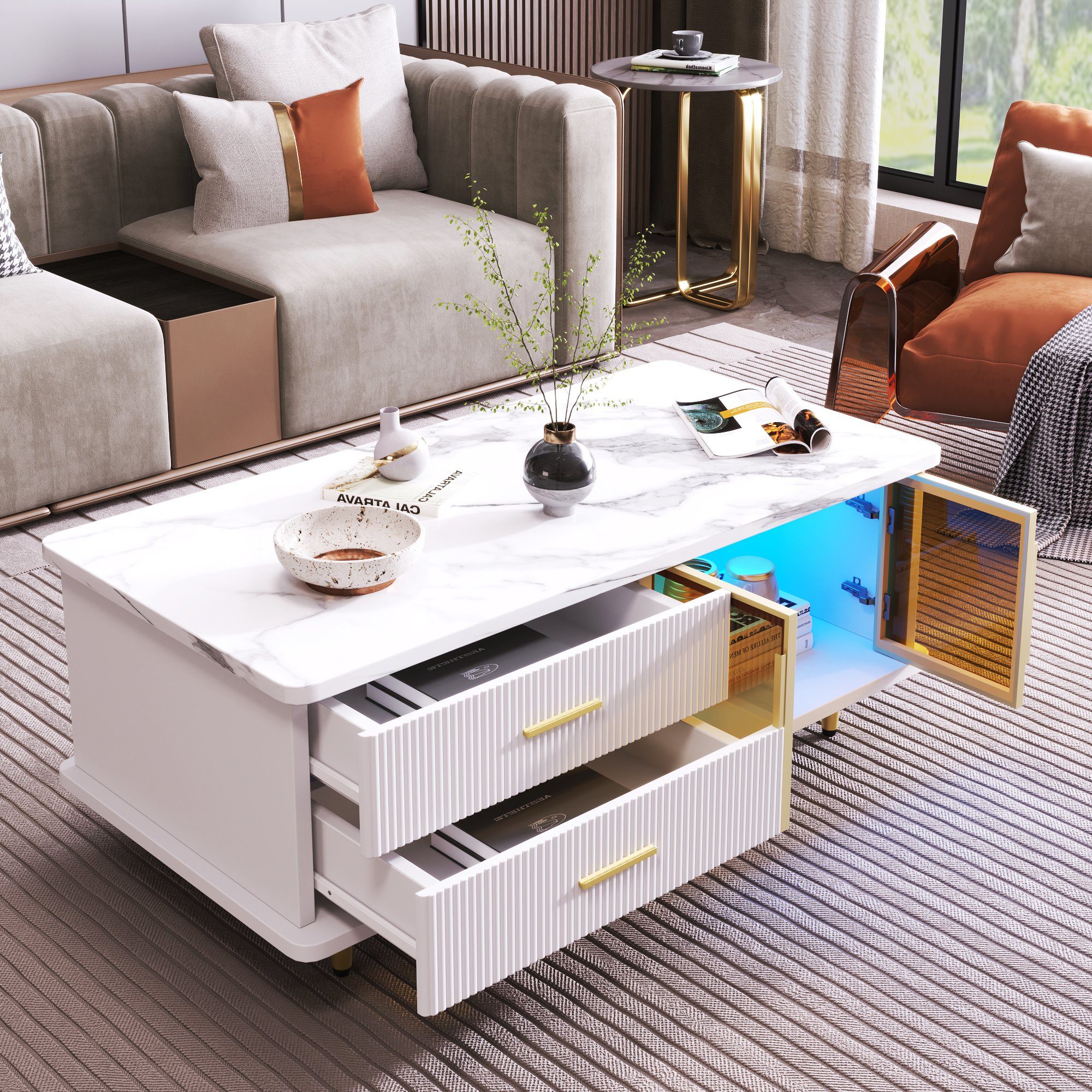Merax Couchtisch Marmoroptik mit LED-Beleuchtung, TV-Schrank mit Glastüren und Schubladen, TV-Board mit Metallfüße