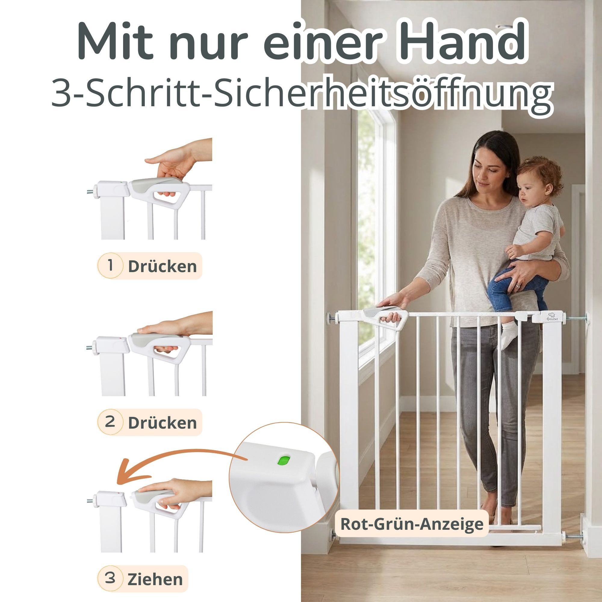 Bronea Treppenschutzgitter BALU Türgitter ohne Bohren Türschutzgitter Treppengitter (75–82 cm verlängerbar bis 165 cm, SAFETY-LOCK Rot/Grün, ANTI-STOLPER-RAMPE, – Bild 4 von 5