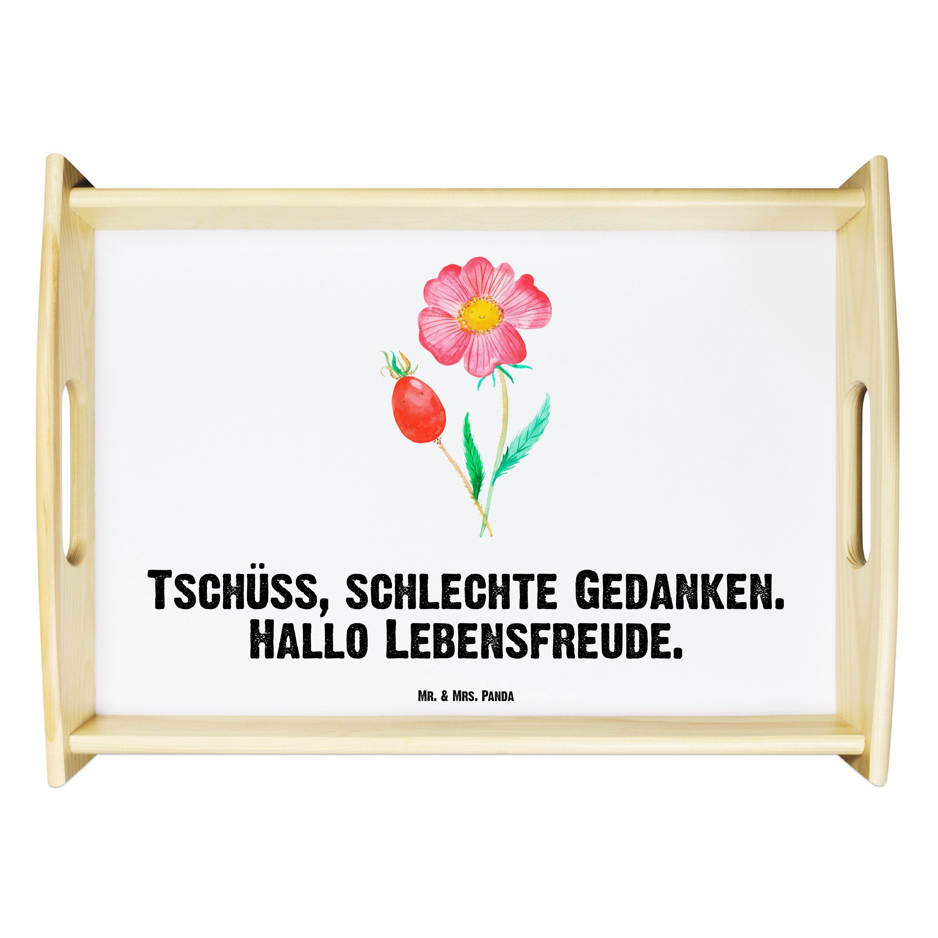 Mr. & Panda Lebensfreude, Blumen, Mrs. Weiß Hagebutte Blume, Echtholz - Tablett (1-tlg) - lasiert, Geschenk, Frühstückst