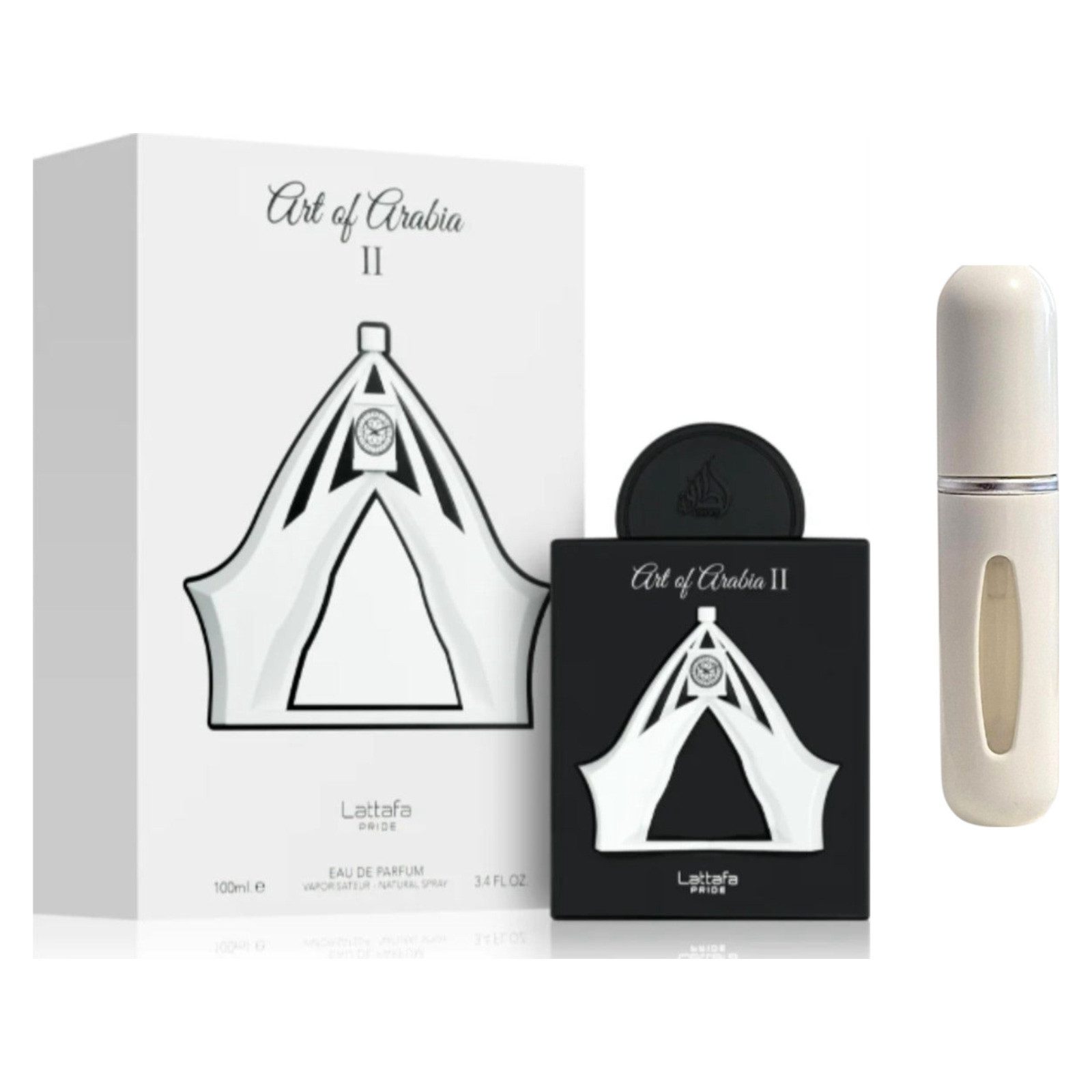 Lattafa Pride Duft-Set Art Of Arabia II EDP – Orientalisch Würzig + Parfümzerstäuber (leer)