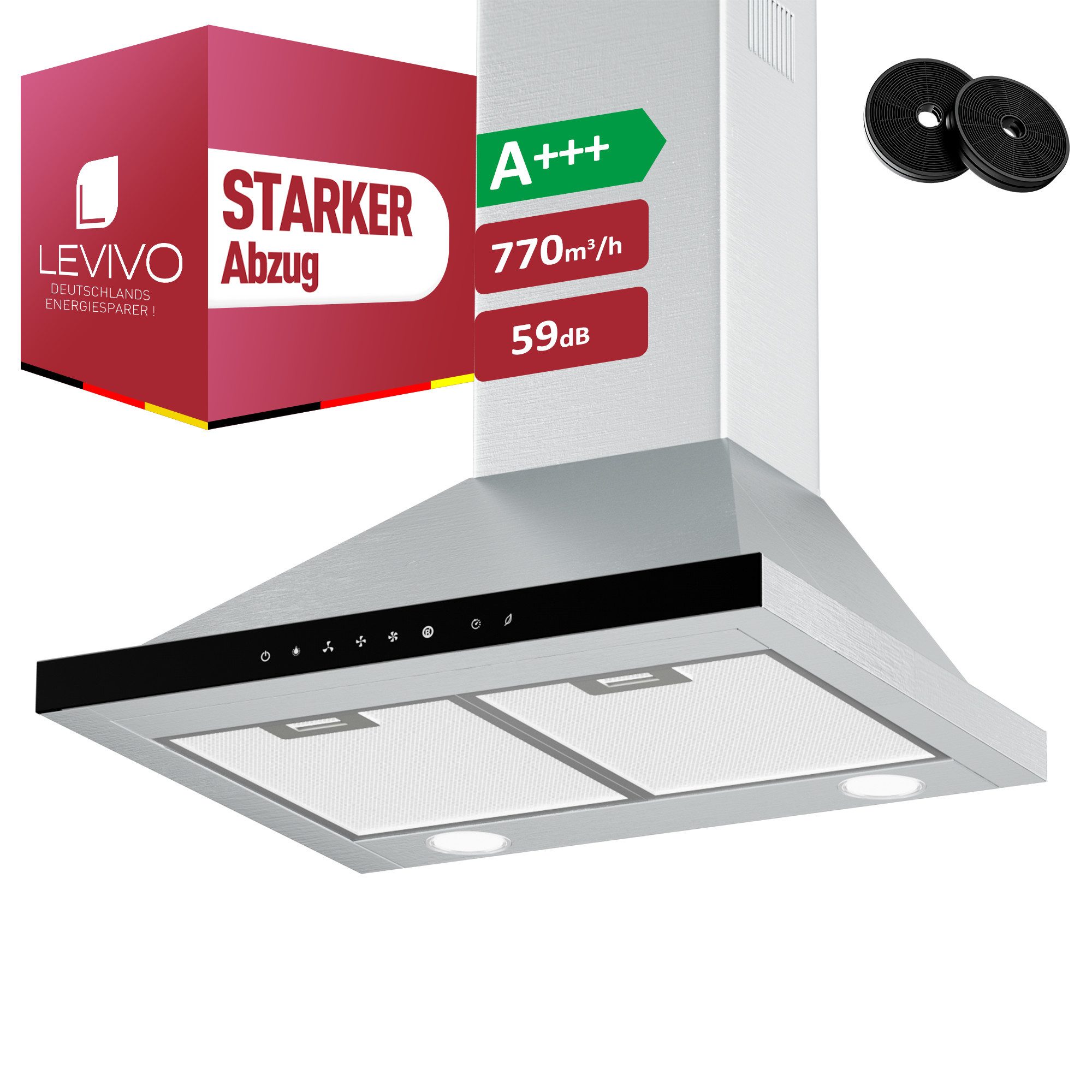 Levivo Wandhaube A+++ Dunstabzugshaube 60cm Umluft & Abluft mit 770 m³/h A+++ Dunstabzugshaube 60cm Umluft & Abluft mit 770 m³/h, Aktivkohlefiltern, Fettfiltern, LED-Beleuchtung