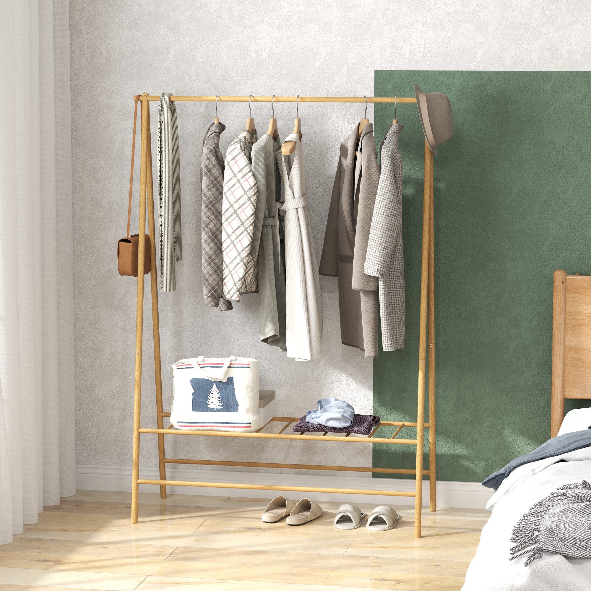 HOMCOM Garderobenständer Kleiderstange, Garderobe aus Bambus, Ausstellungen, Waschküche, (Kleiderbügel, 1 St., Kleiderständer), für Flur, Wohnzimmer Schlafzimmer, 116 x 43,5 x 160 cm, Naturholz