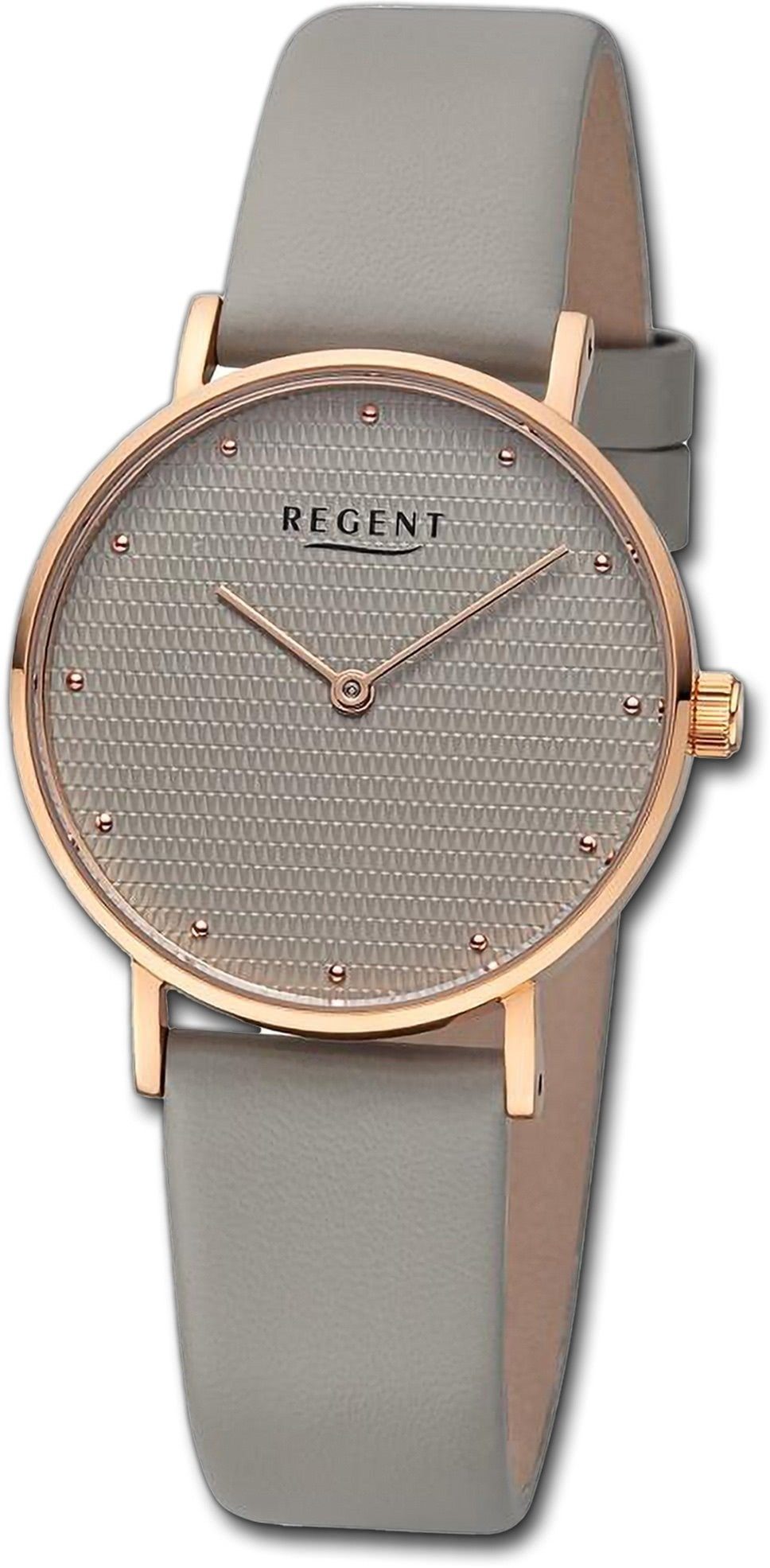 Regent Quarzuhr Regent Damen Armbanduhr Analog, Damenuhr Lederarmband grau, rundes Gehäuse, extra groß (ca. 32mm)