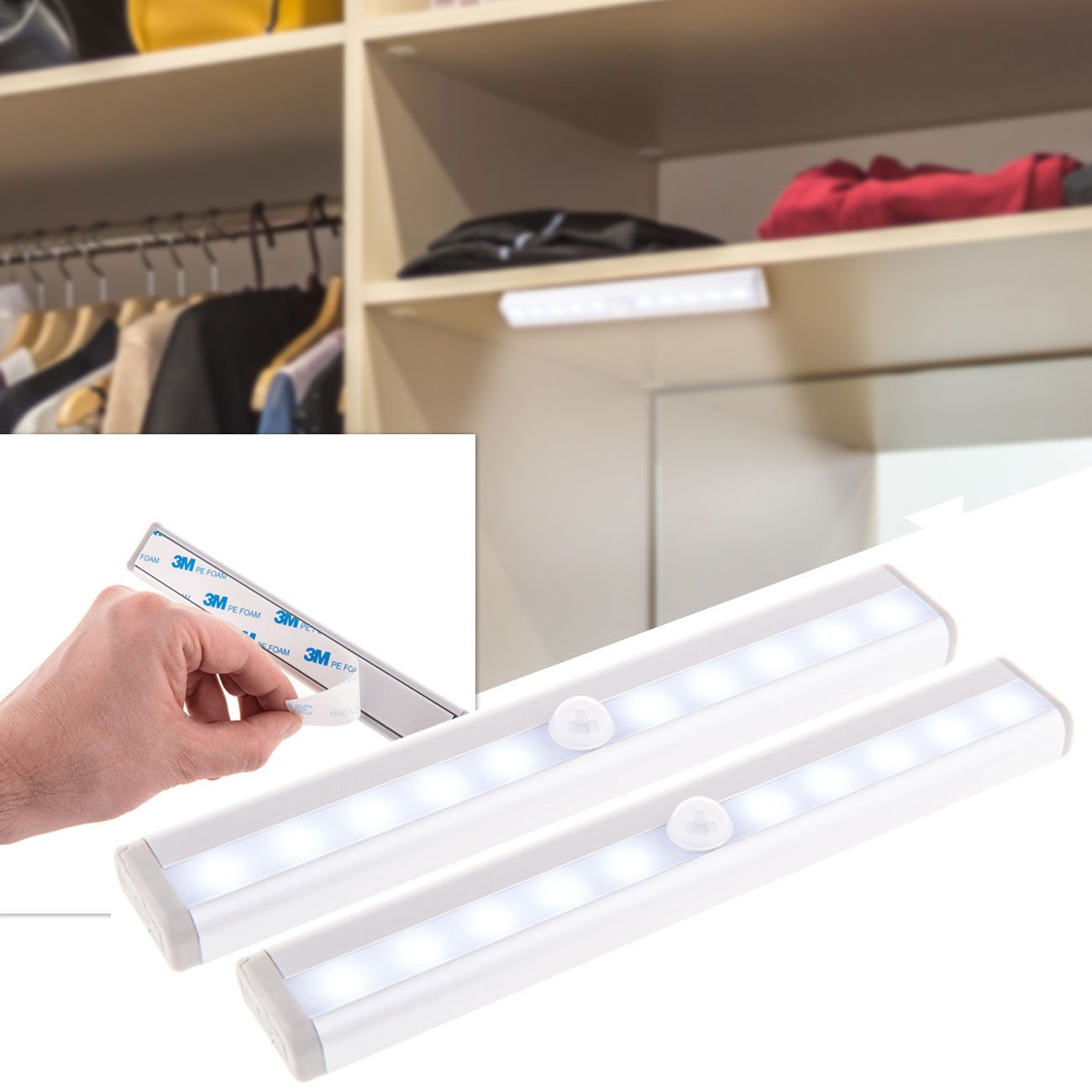 Out of the Blue LED Lichtleiste LED Lichtleiste Bewegungsmelder Nachtlicht Unterbauleuchte kabellos, 3M-Klebeband & 15-Sek.-Timer/Diffuses Licht