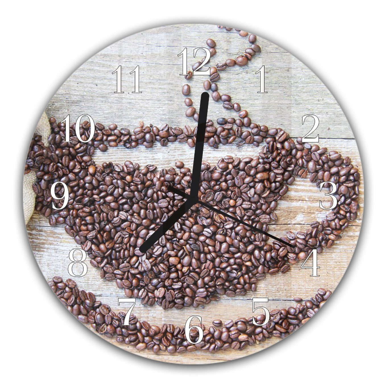 Primedeco Wanduhr Wanduhr aus Glas mit Motiv Kaffeetasse aus Bohnen - Rund mit Durchmesser 30 cm und Quarzuhrwerk