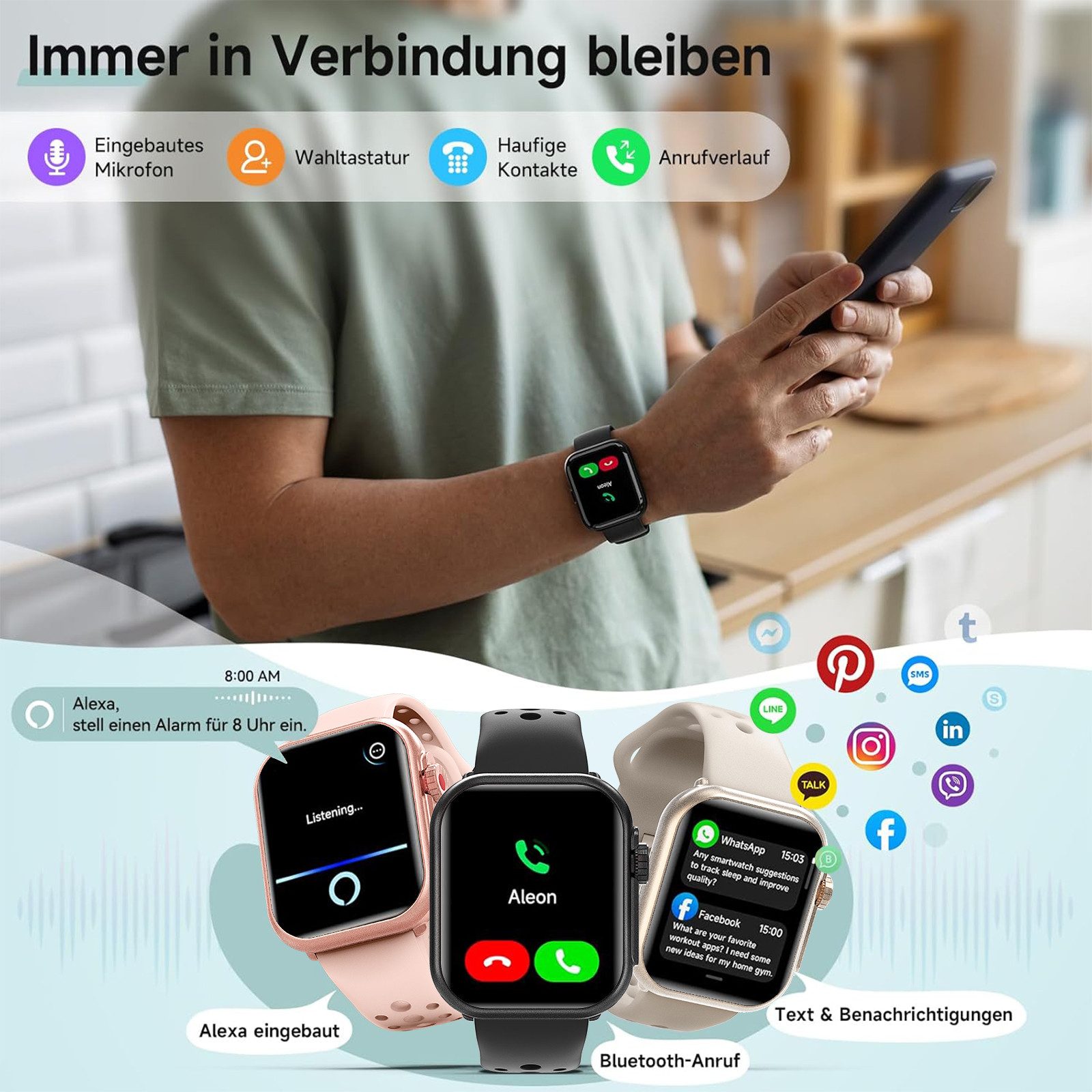 ANYSUN Smartwatch Damen Herren mit 1000mAh Akku, Smartwatch (4.65 cm/1,83 Zoll) Fitness Tracker Uhr für Damen Herren 30 Tage Ultralange Standby, 24H Telefonfunk – Bild 4 von 5