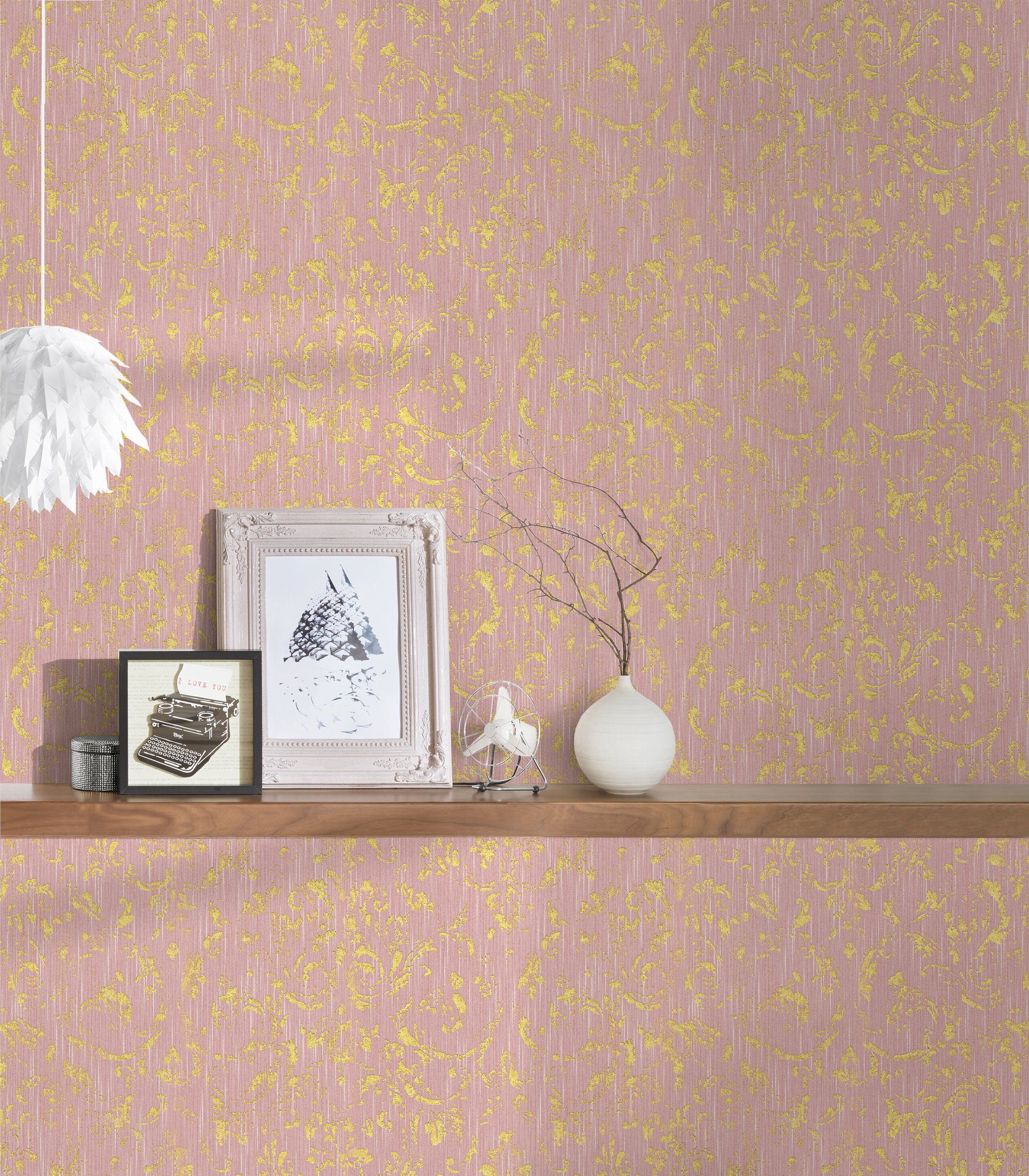 Tapete Silk, Textiltapete Metallic Barock, rosa/gold glänzend, samtig, Paper Ornament Barock matt, Architects
