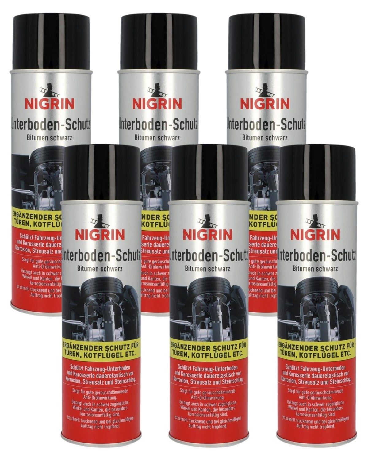 NIGRIN Rostschutzgrundierung 6x Unterboden-Schutz Spray Bitumen Schwarz 500ml, 6-tlg., Spray-Dose Korrosionsschutz Korrosion Streusalz Steinschlag Auto