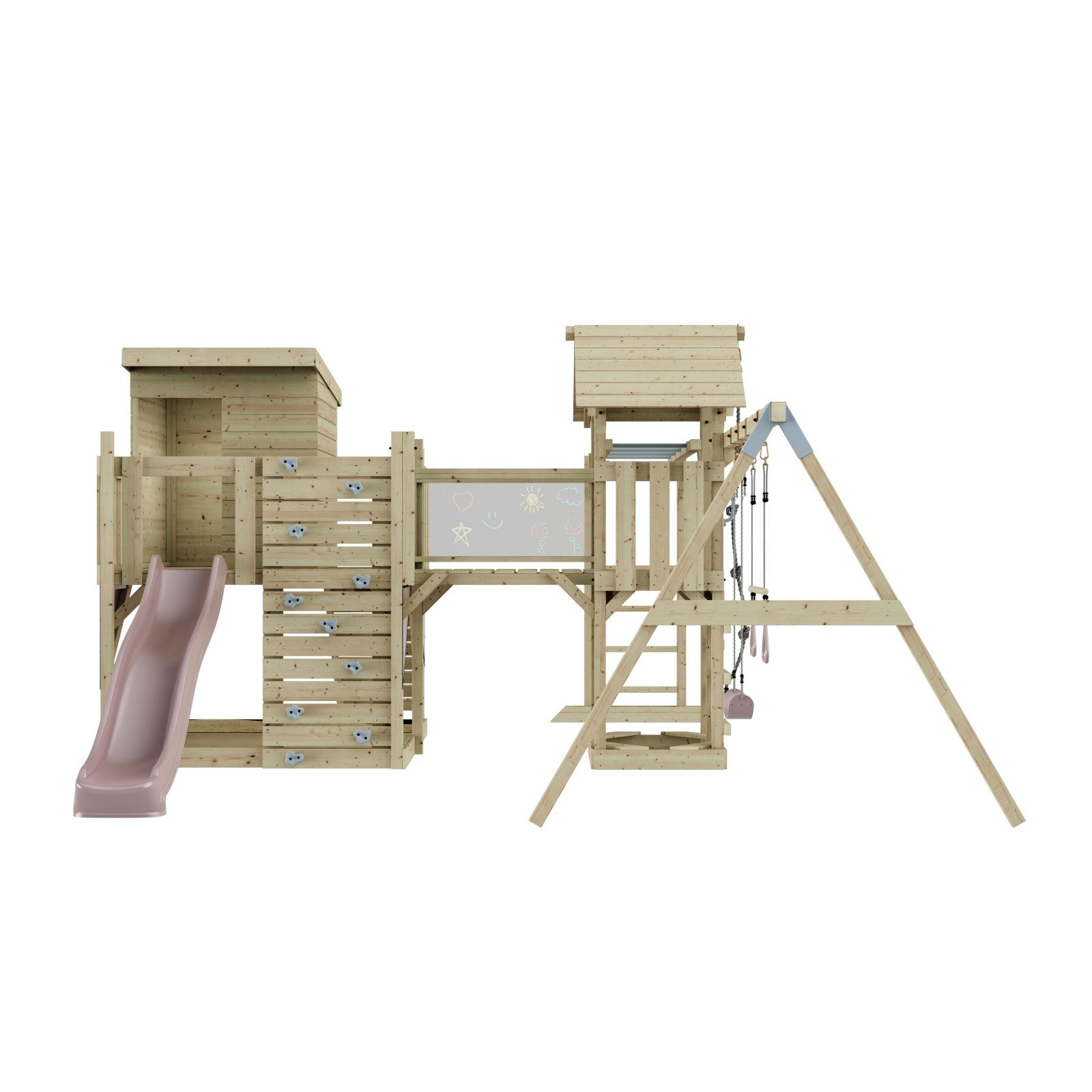 OutdoorToys Spielturm Malou, aus Holz in Altrosa mit Trapezschaukel mit Rutsche