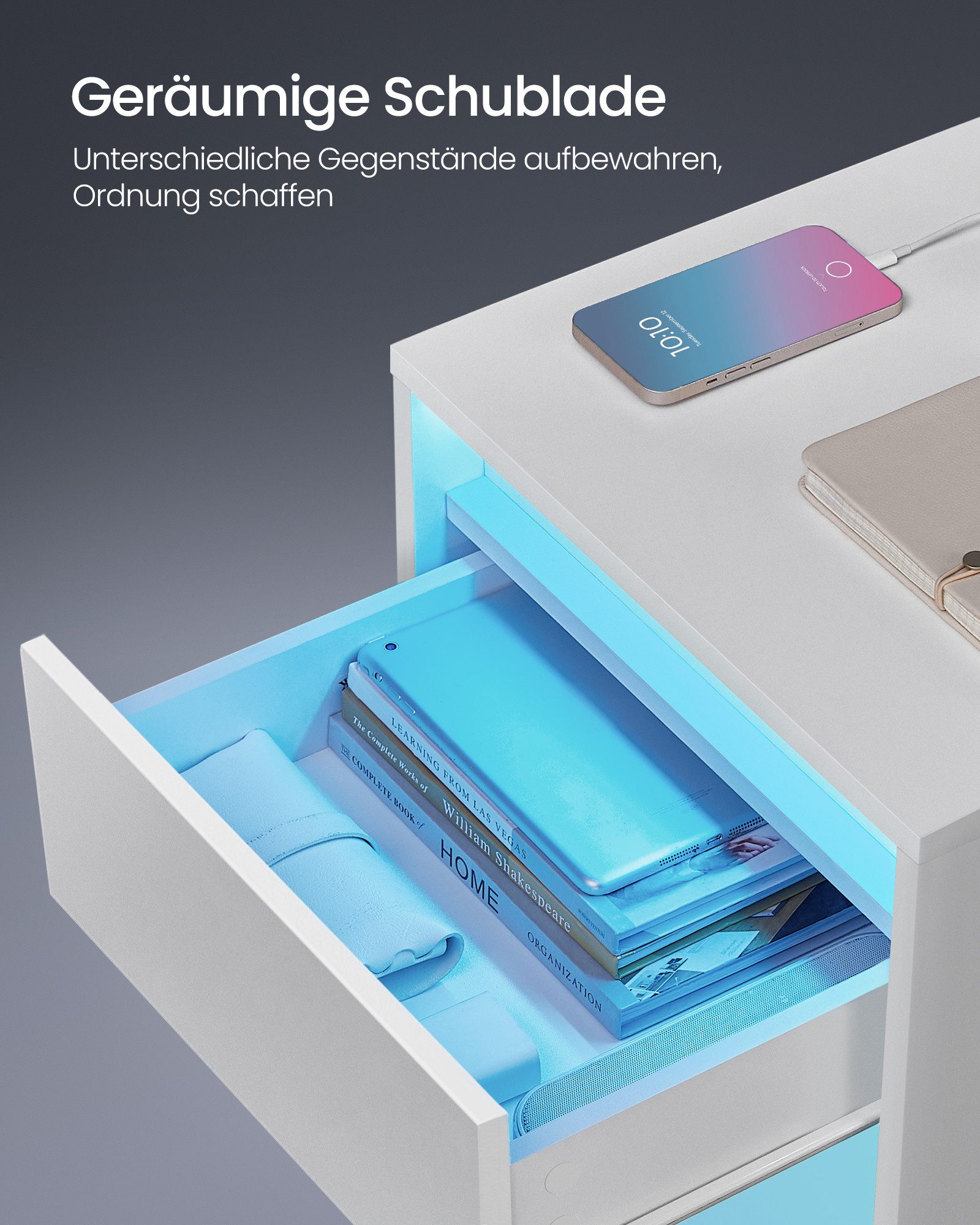 VASAGLE Nachttisch (1-St), mit einstellbarer LED-Beleuchtung, Beistelltisch mit Steckdosen