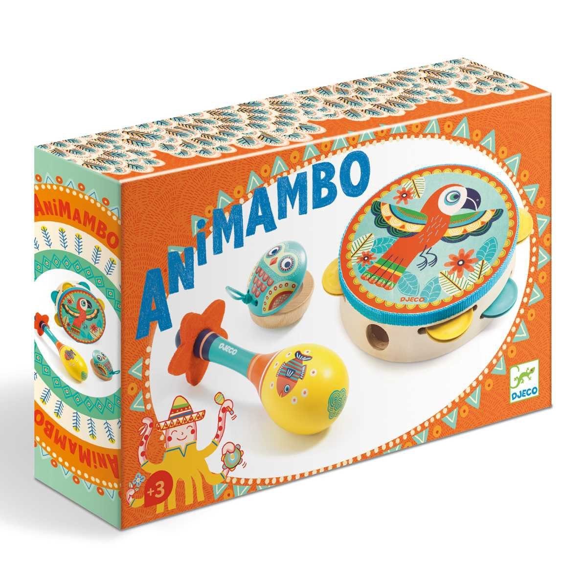 DJECO Spielzeug-Musikinstrument Animambo Instrumenten 3-Set Tamburin, Maracas, Kastagnette