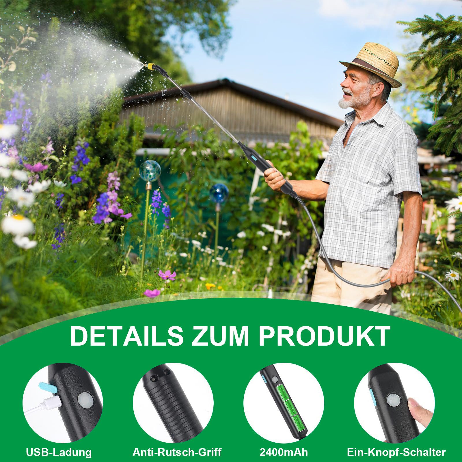 MUPOO Akku-Drucksprühgerät Kabelloser Drucksprüher Elektrischer Pflanzensprüher, 5m Schlauch, 3 Verstellbare Düsen, Tragbarer Drucksprüher für Garten, Hof & Rasen