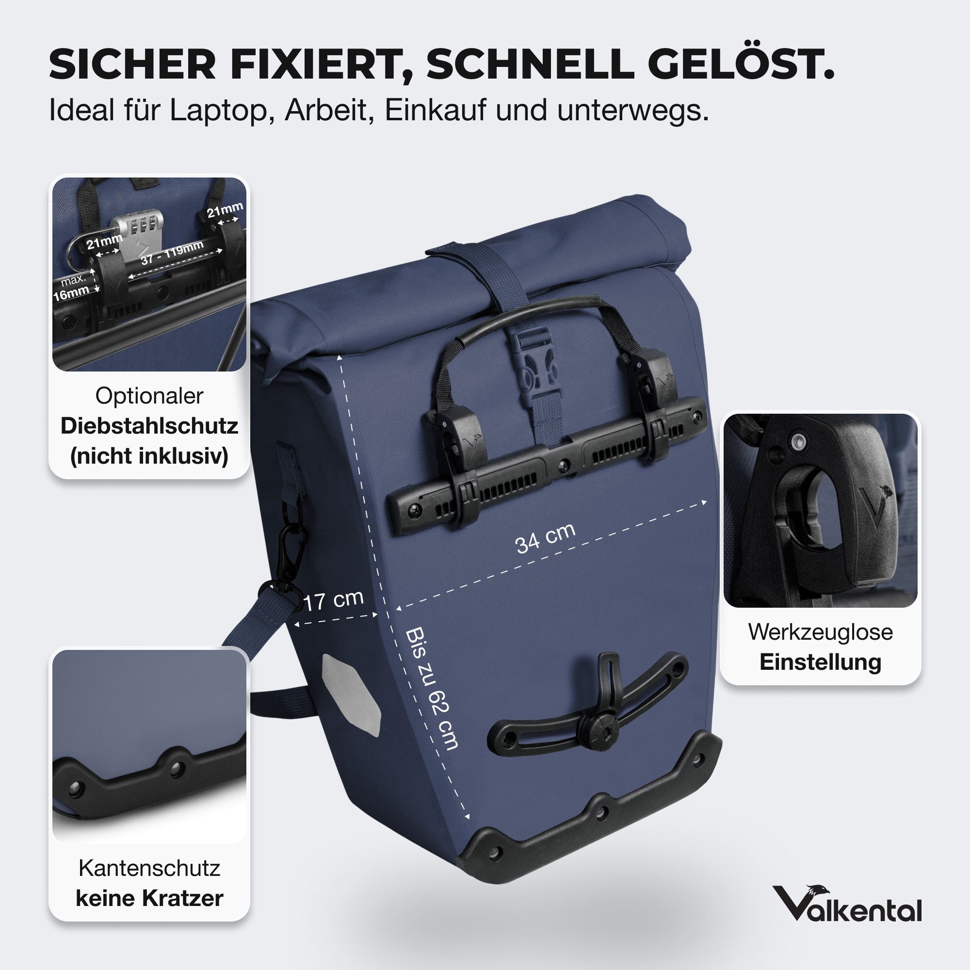 Valkental Fahrradtasche Gepäckträgertasche mit Umhängeschlauf, 2in1 wasserdicht, mit Rolltop Verschluss & Laptopfach 28L