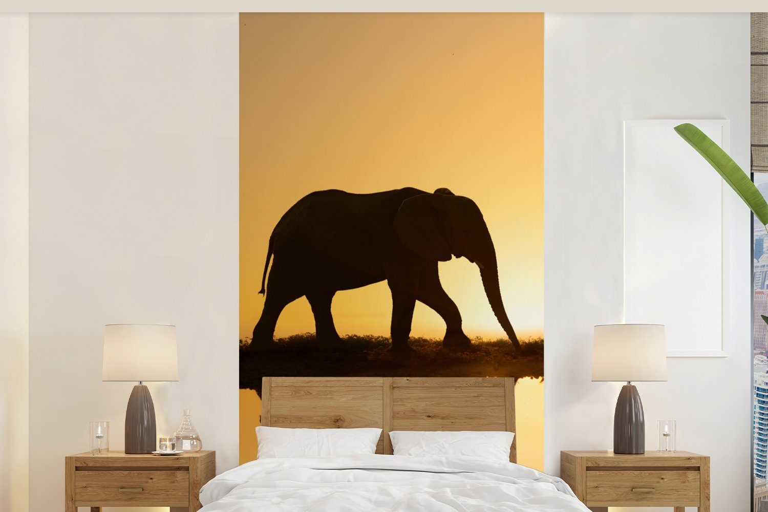 MuchoWow Fototapete Silhouette eines Elefanten bei Sonnenuntergang, Matt, bedruckt, (2 St), Vliestapete für Wohnzimmer Schlafzimmer Küche, Fototapete