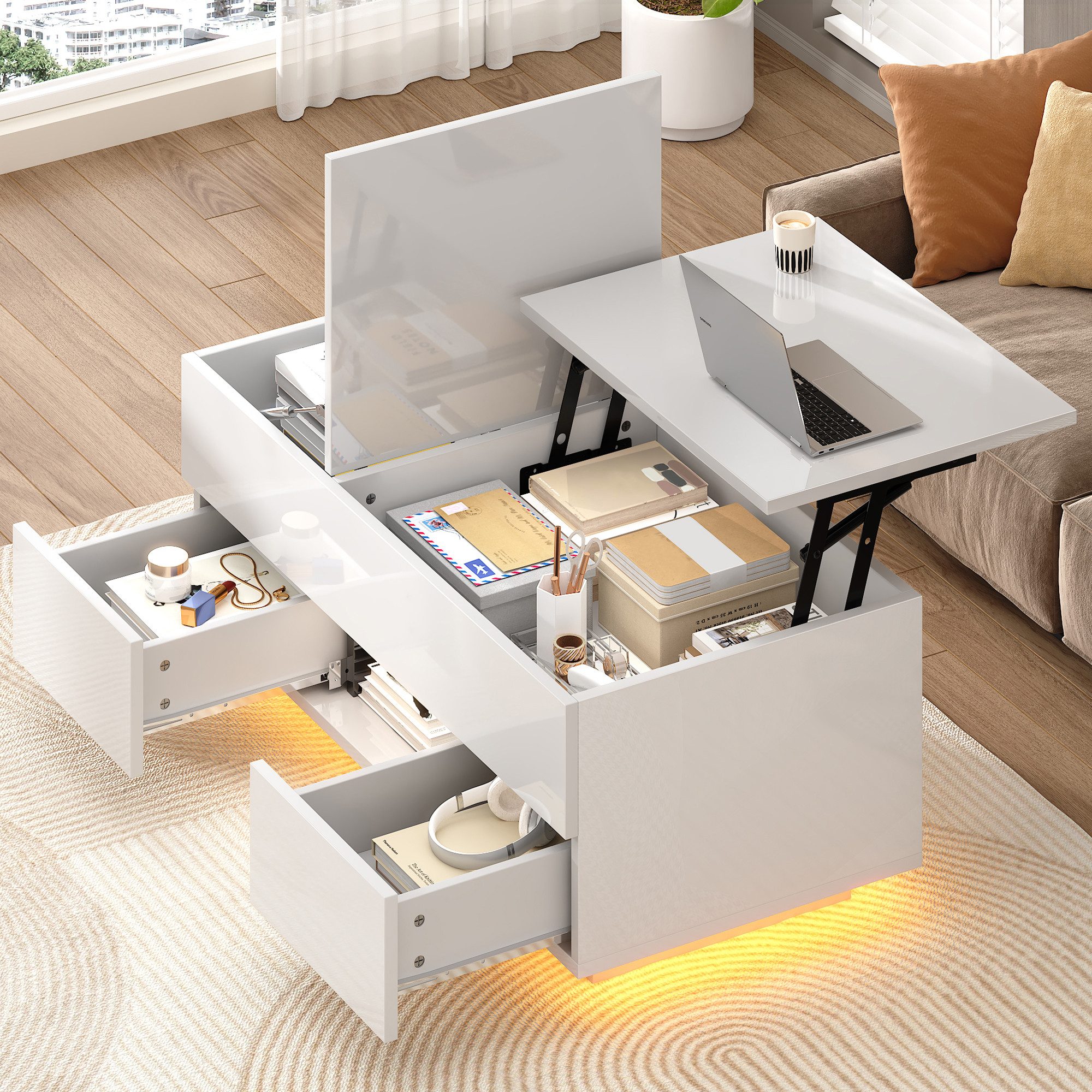 Merax Couchtisch höhenverstellbarer Beistelltisch mit LED-Beleuchtung (Wohnzimmertisch, 100x45x43cm, 1-St), Sofatisch mit 2 Schubladen, Klappbare Tischplatte,verstecktem Stauraum