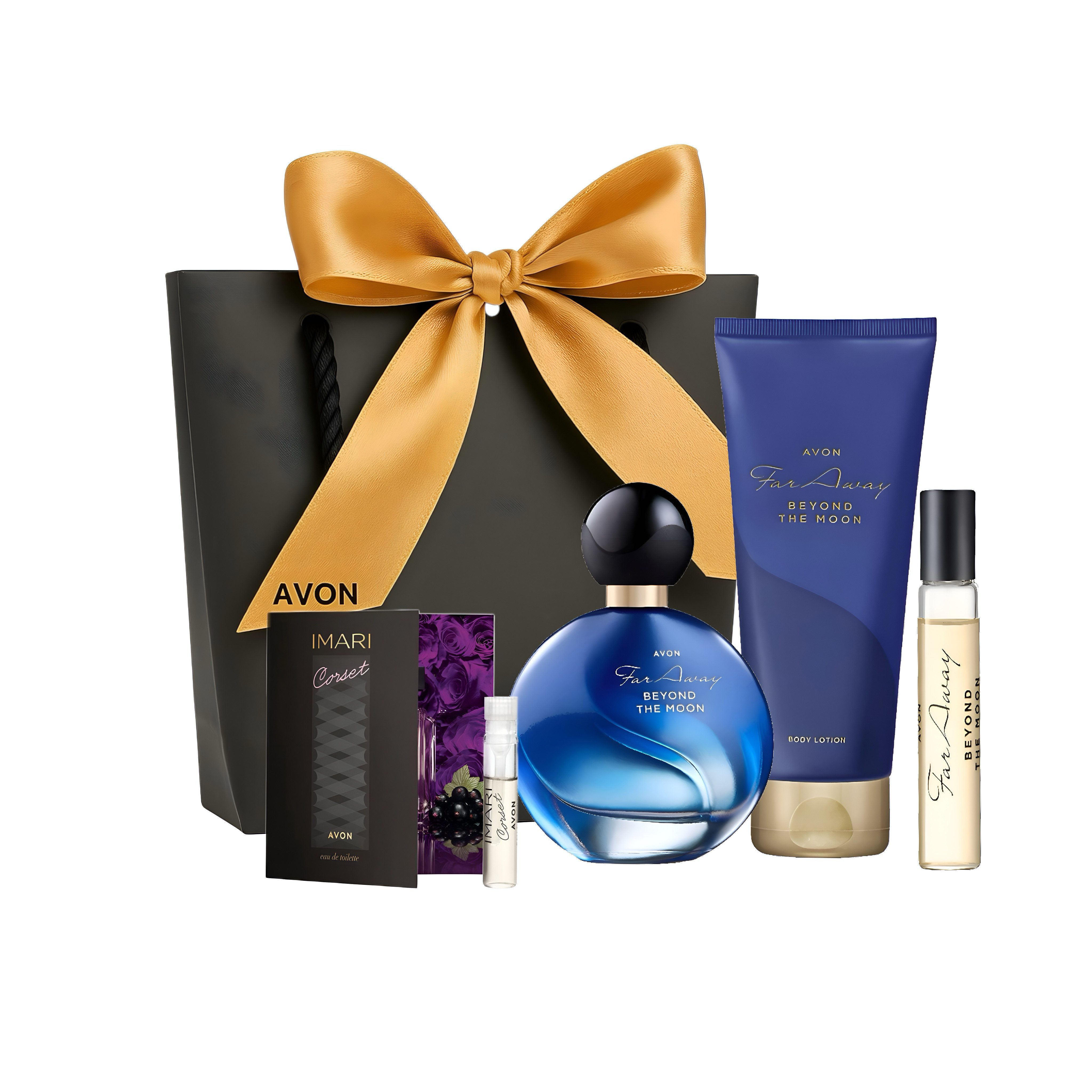 AVON Cosmetics Eau de Parfum FAR AWAY BEYOND THE MOON 50 ml, Taschenspray 10 ml, Körperlotion, 5-tlg., Langanhaltender Duft, Belle-de-Nuit-Blüte