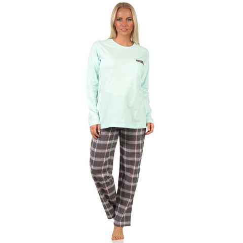 Creative by Normann Pyjama Damen Flanell Pyjama Mix & Match Top Single Jersey, Hose Flanell