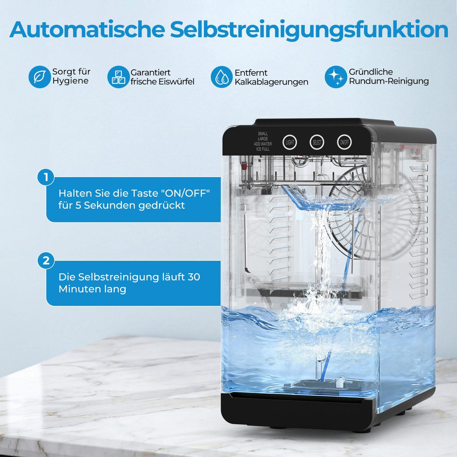 WELLENT Eiswürfelmaschine 12kg/24h mit LED-Sichtfenster,Selbstreinigungsfunktion,2 Eisgrößen, Eiswürfelmaschine Tragbar für Zuhause, Büro und Partys