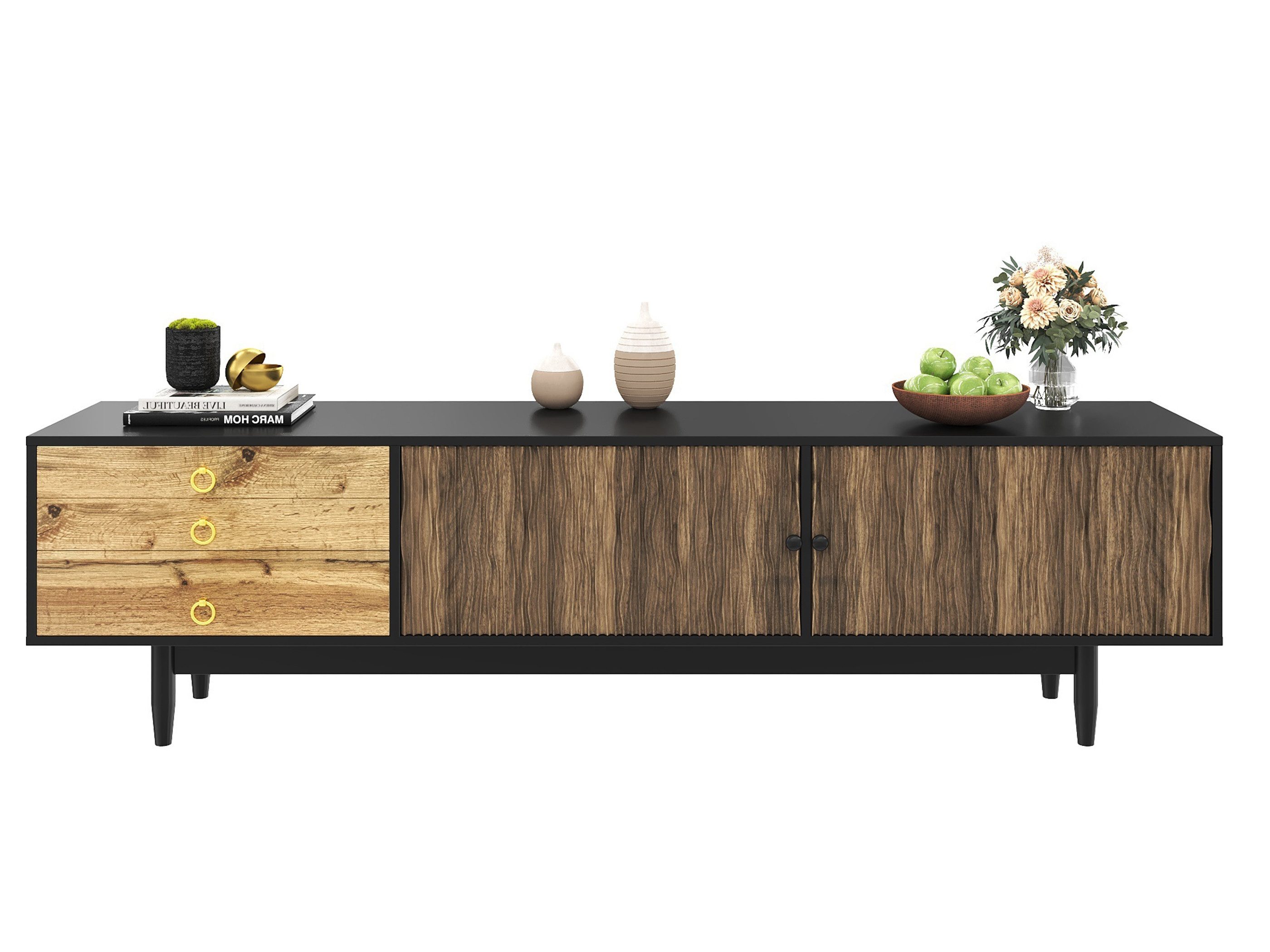SeedWave Lowboard Moderner TV-Schrank Fernsehtisch mit 2 Schranktüren, 3 Schubladen, Fernsehschrank behaltet 4× Staufächer