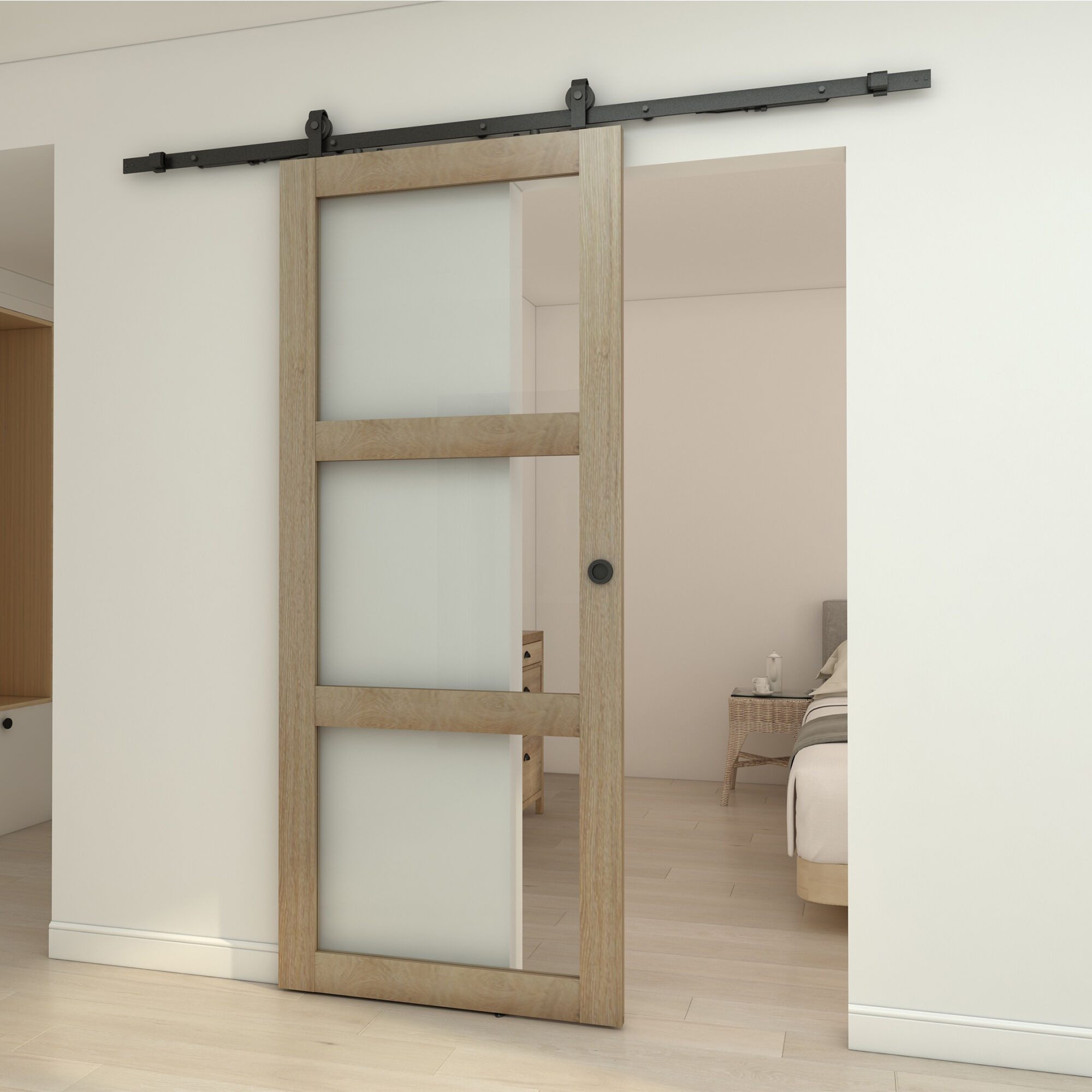 inova wohnen Schiebetür Holzschiebetür Komplettset im Landhausstil, Eiche, 90 x 215 cm, Komplettset mit Schienensystem und Softclose