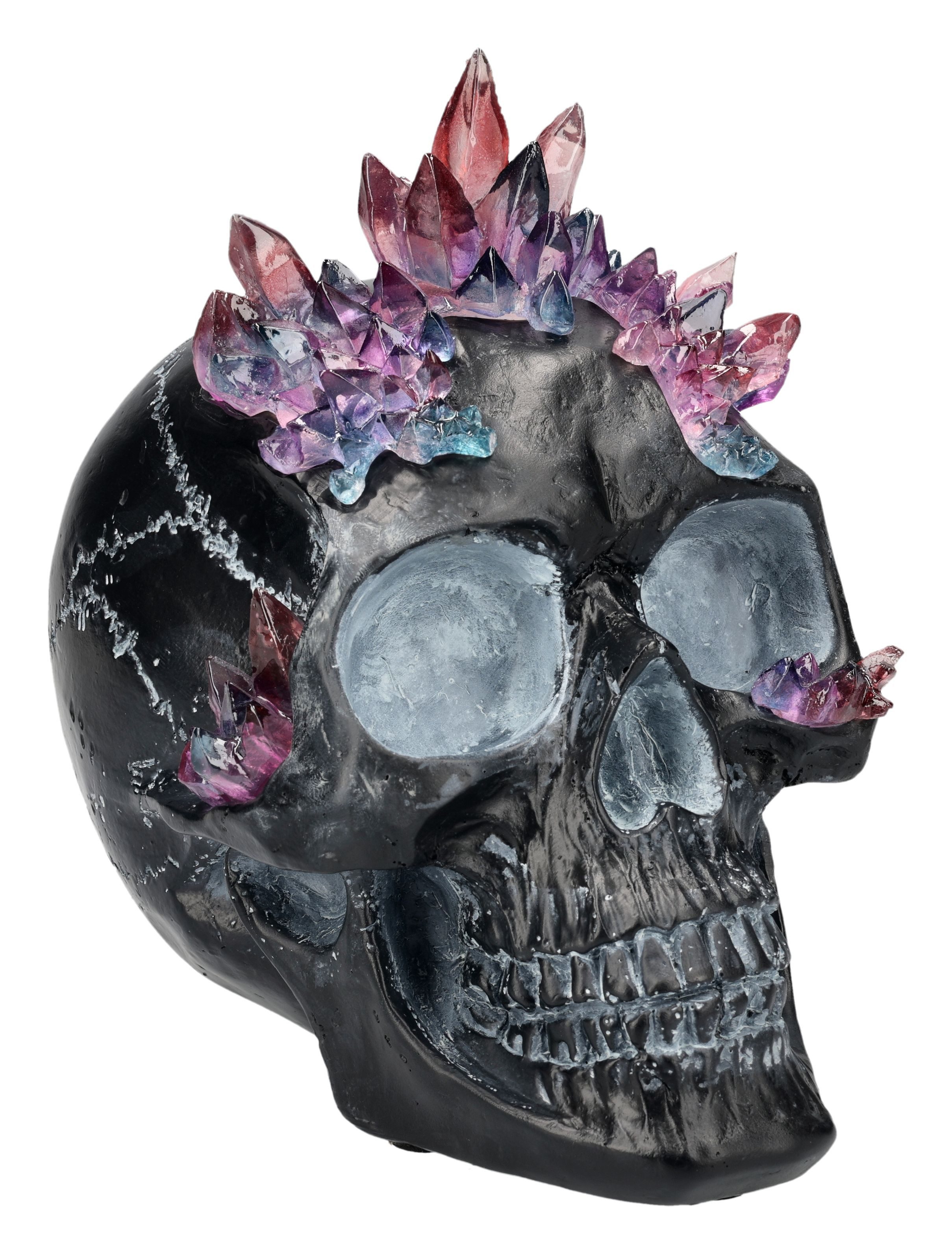 Dekofigur Totenkopf Statue – Schwarzer Schädel mit Kristallkrone Gothic Deko