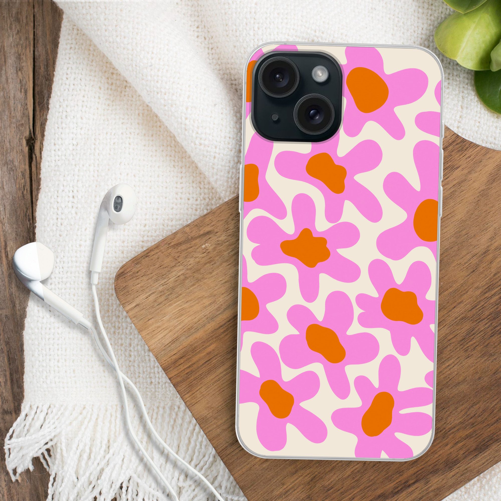 MuchoWow Handyhülle für Apple iPhone 15 Blume - Rosa - Muster, Smartphone-Bumper, Print, Handy Schutzhülle Dünn