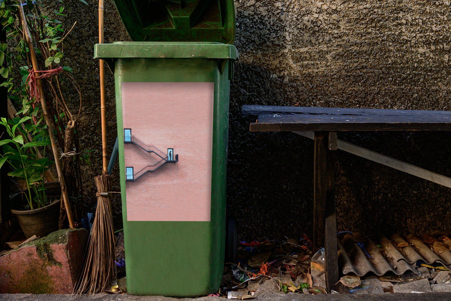Container, St), (1 Mülleimer-aufkleber, Wand Wandsticker - - Mülltonne, Treppe - Architektur MuchoWow Abfalbehälter Sticker, Tür