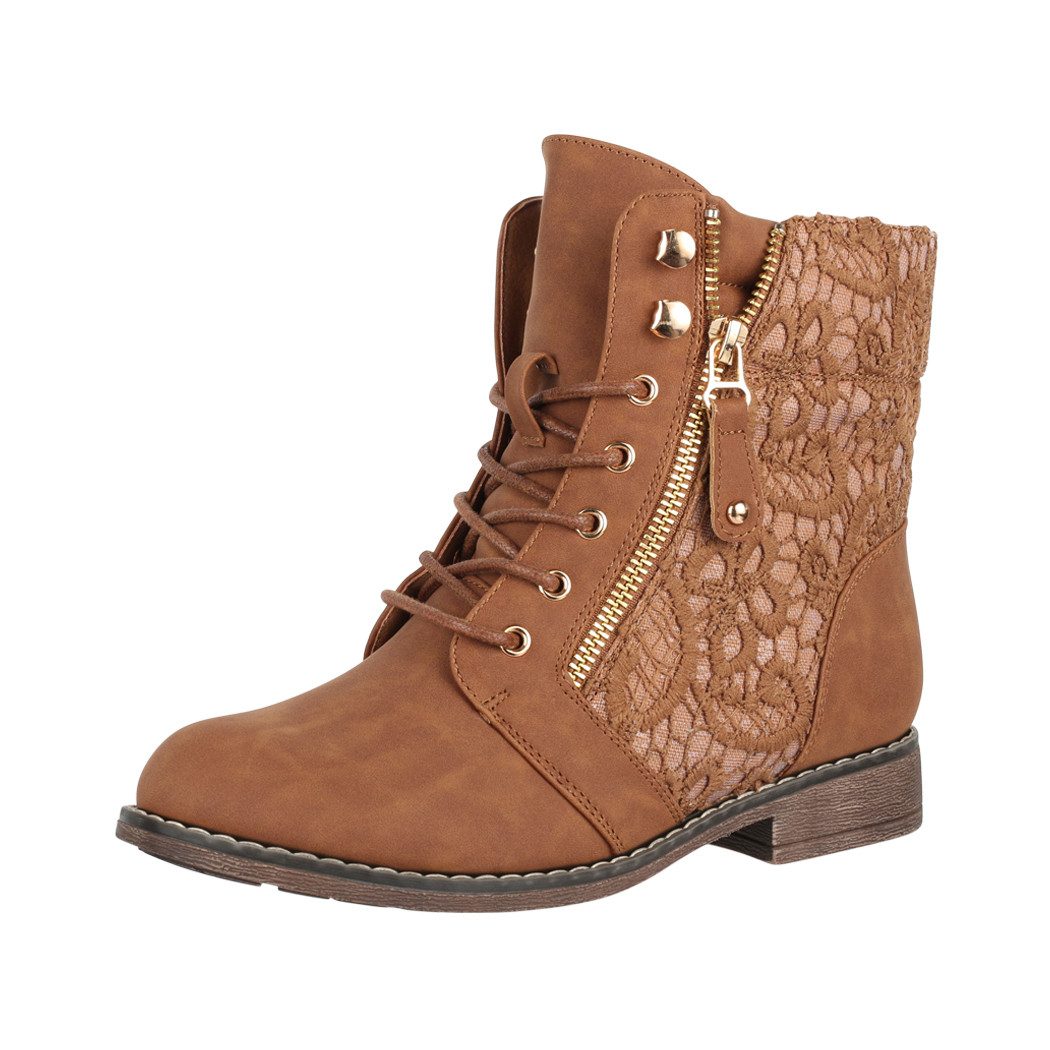 Elara Damen Schnürstiefeletten mit Spitze, Reißverschluss und Zierdetails Schnürstiefelette